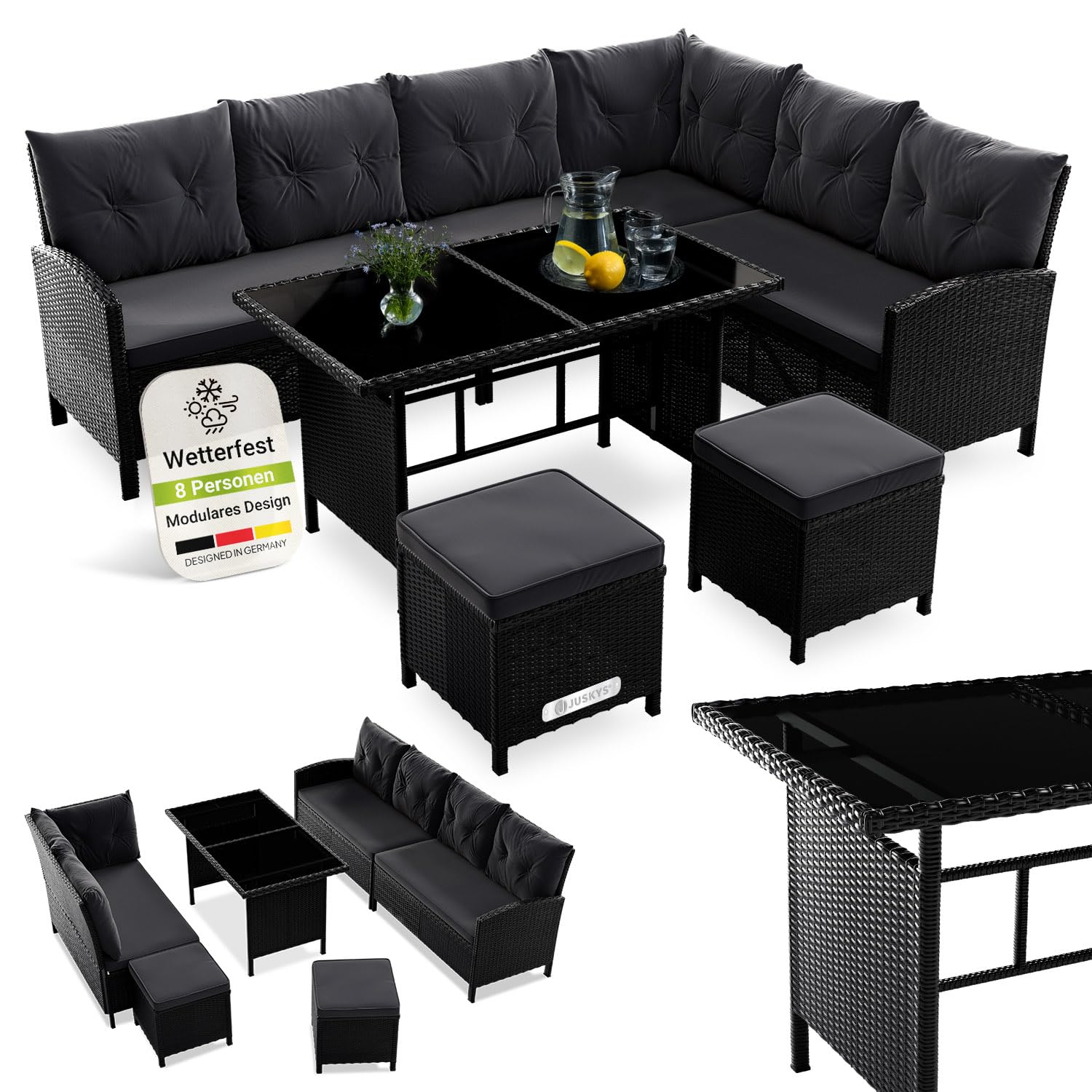 Juskys Polyrattan Lounge Manacor: Ecksofa, Esstisch, 2 Hocker & Kissen