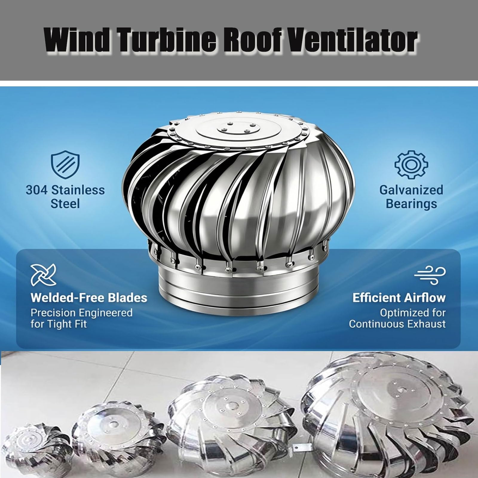 Capuchon d'évent de toit de turbine de 68,6 cm, rond, rotatif, en acier inoxydable, 680 mm, non motorisé, résistant aux intempéries, pour bâtiments résidentiels, usines et greniers