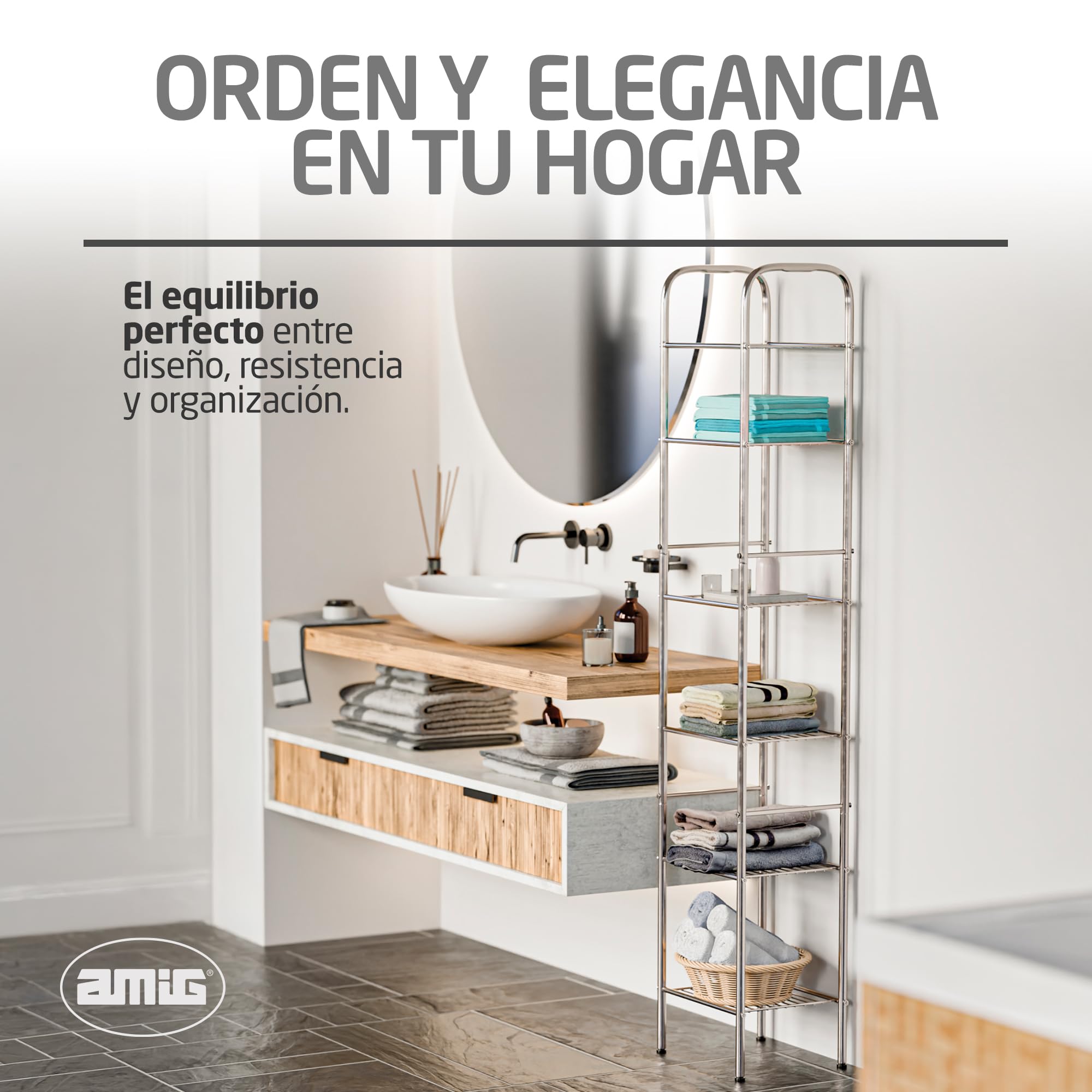 Amig - Estantería de baño Mod. Brisa - 6 Alturas - Fabricado en Acero - Color Plateado - con Patas Ajustables - para Espacios pequeños - 32 x 28 x 168 cm