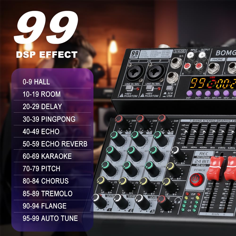 BOMGE Mezclador de audio 04A, consola de mezcla de placa de sonido profesional con USB/Bluetooth/computadora/mezclador de DJ de entrada estéreo de 4 canales, efecto Phantom Digital 99 DSP de 48 V para