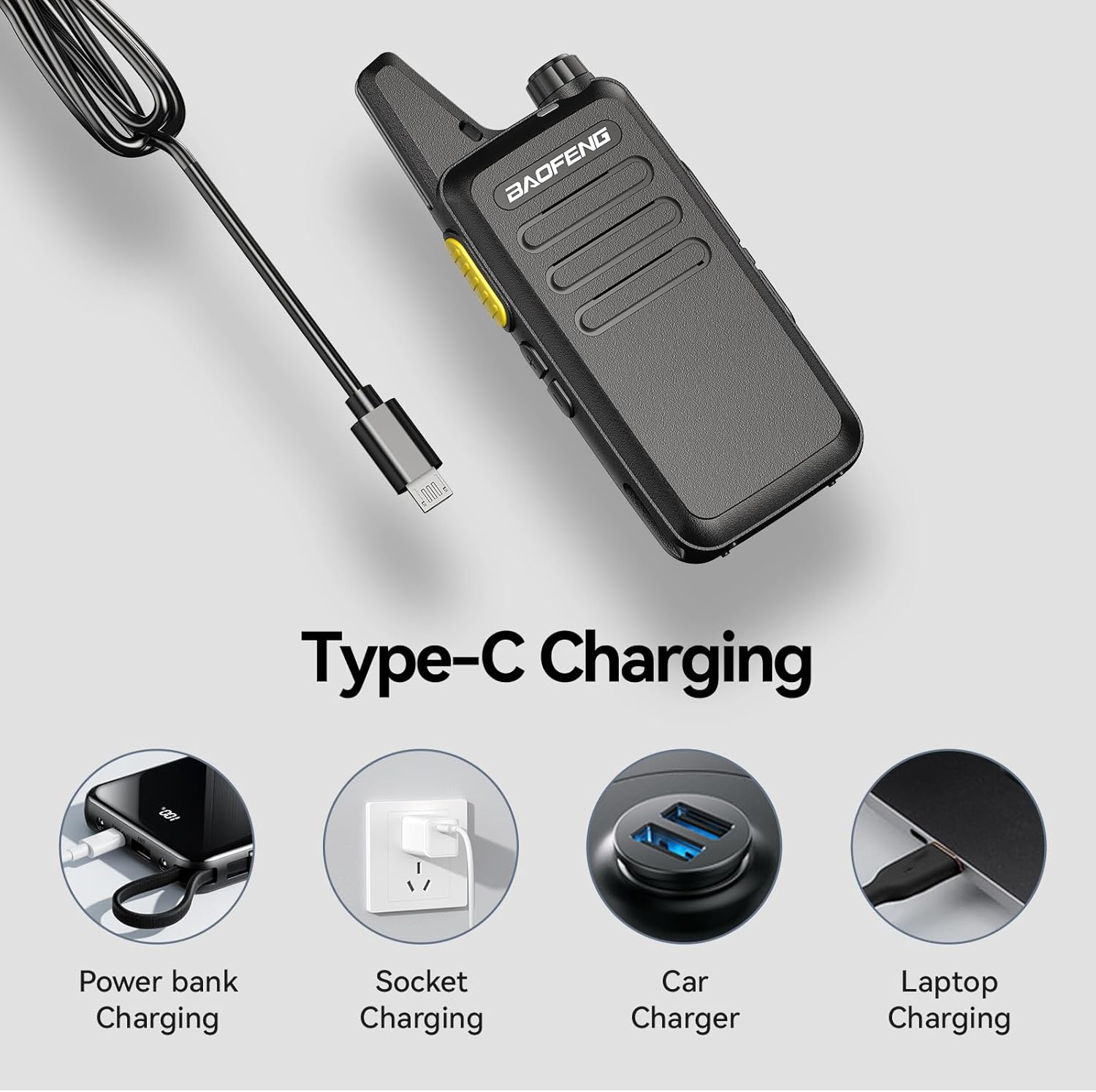 Various Type-C charging methods for the BAOFENG T20D radio, including power bank, wall socket, car charger, and laptop.