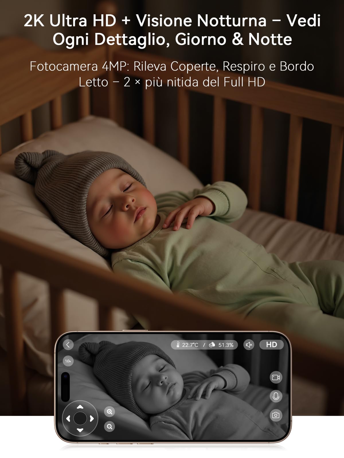 2K 4MP Baby Monitor Telecamera WiFi Interno 355°, APP Controllo, Luce Notturna Calda, Visione Notturna, Audio Bidirezionale, Promemoria Allattamento, Promemoria Temperatura e Umidità, Ninne Nanne