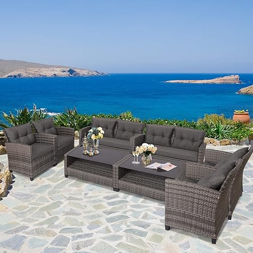 Miniatura 6 de RELAX4LIFE Juego de muebles de patio de 4 piezas, juego de conversación de mimbre de ratán PE con mesa de centro de vidrio templado y cojines