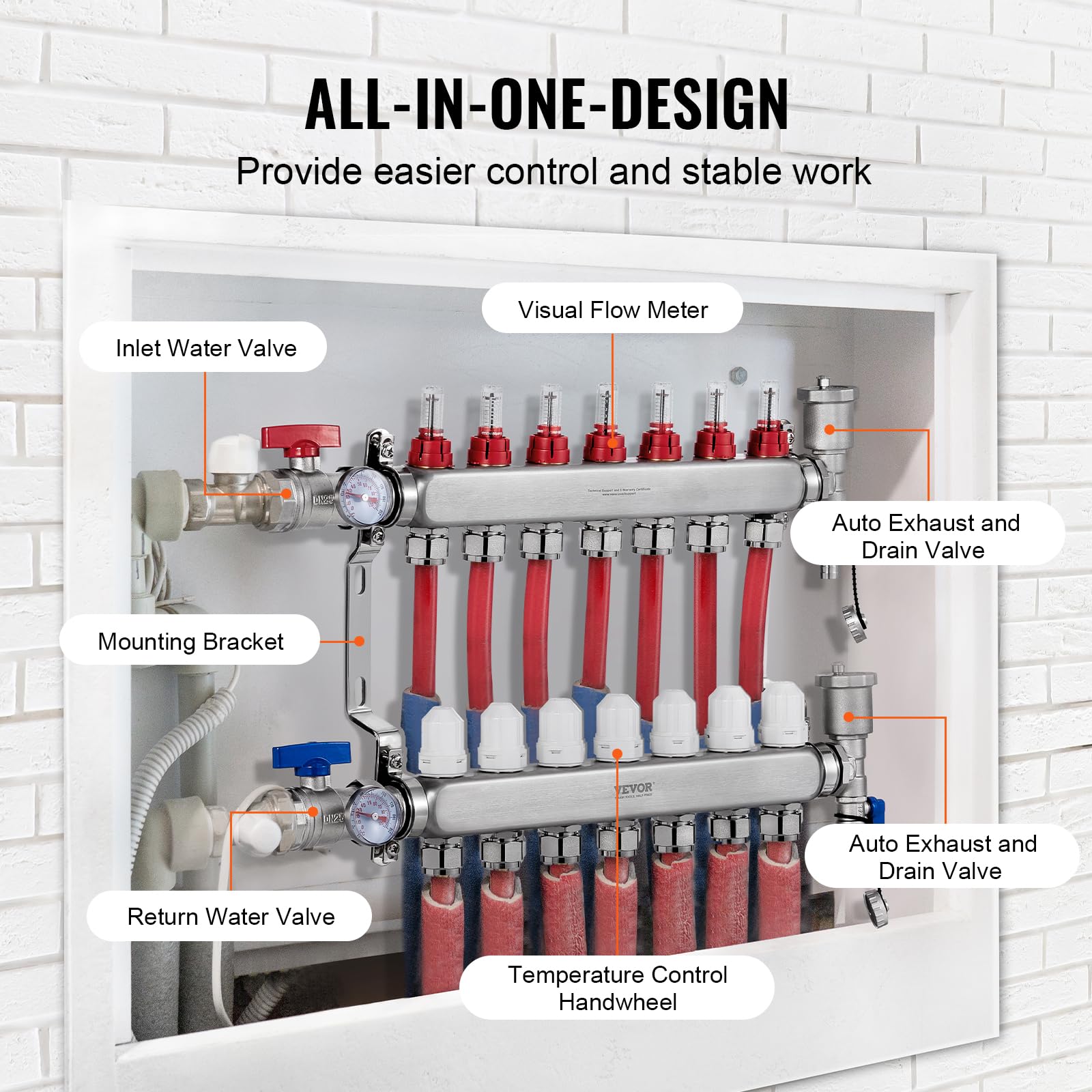 VEVOR Colector de Calor radiante de 7 Derivaciones, Colector de Tubería PEX de Acero Inoxidable SUS304 para Calefacción por Suelo Radiante Hidrónico, con Adaptadores, 540 x 370 x 110 mm, 0-5 L/min