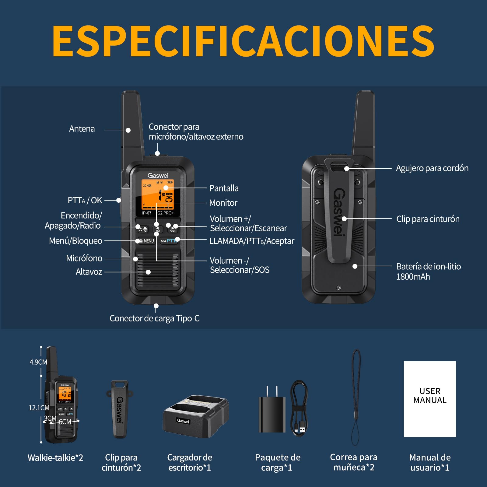Gaswei G2Pro Walkie-talkies Profesionales para Adultos [IP67 Resistentes al Agua y flotantes] Radio de Largo Alcance con Doble PTT, Alarma SOS, Radio FM (2 Unidades - Negro) — view 7