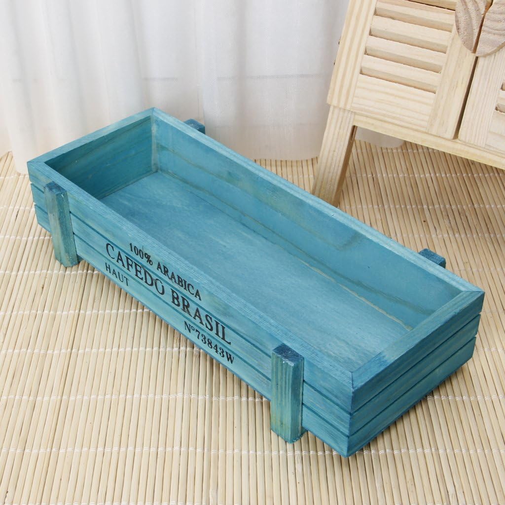 HighflyGao Vintage Wooden Rectangular Succulent Plant Planter Flower Pot Box Container Window Bed Pot for Office Home Sundries Drawer Organizer (Blue)