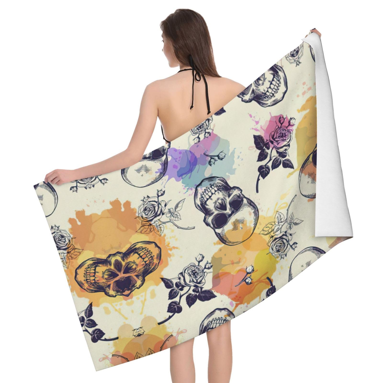 Serviette de bain drap microfibre absorbante imprimé tête de mort