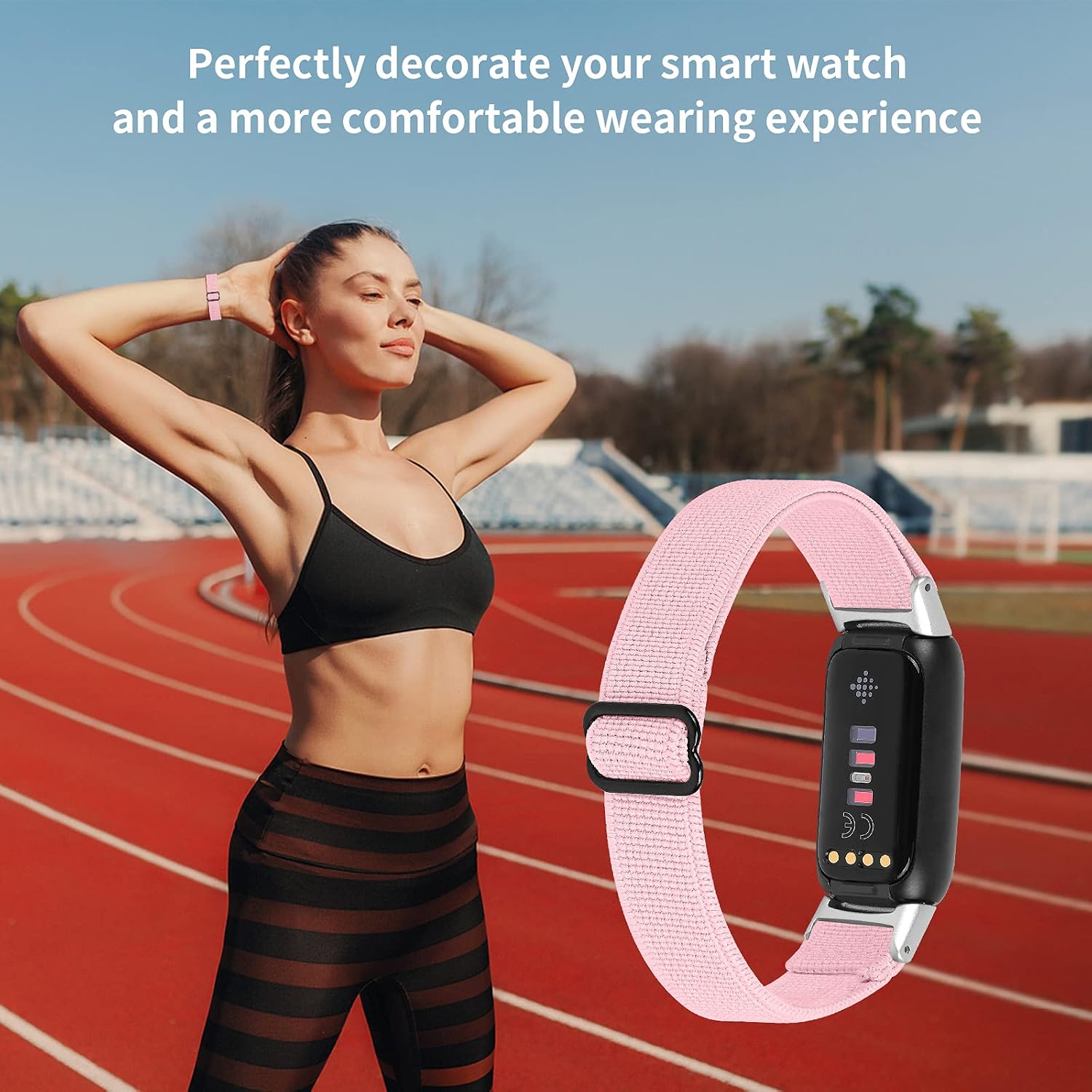 OCEBEEC Stretchy Sport Bands Compatible with Fitbit Luxe, Adjustable Elastic Nylon Wristband Replacement for Fitbit Luxe Fitness and Wellness Tracker for Women Men(Light Pink)