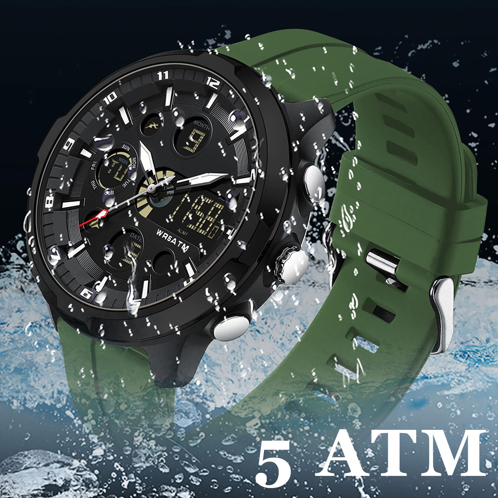 findtime Reloj de pulsera analógico digital para hombre, esfera grande, deportivo, militar, resistente al agua, iluminación LED, cronógrafo, cronómetro, despertador, calendario, relojes