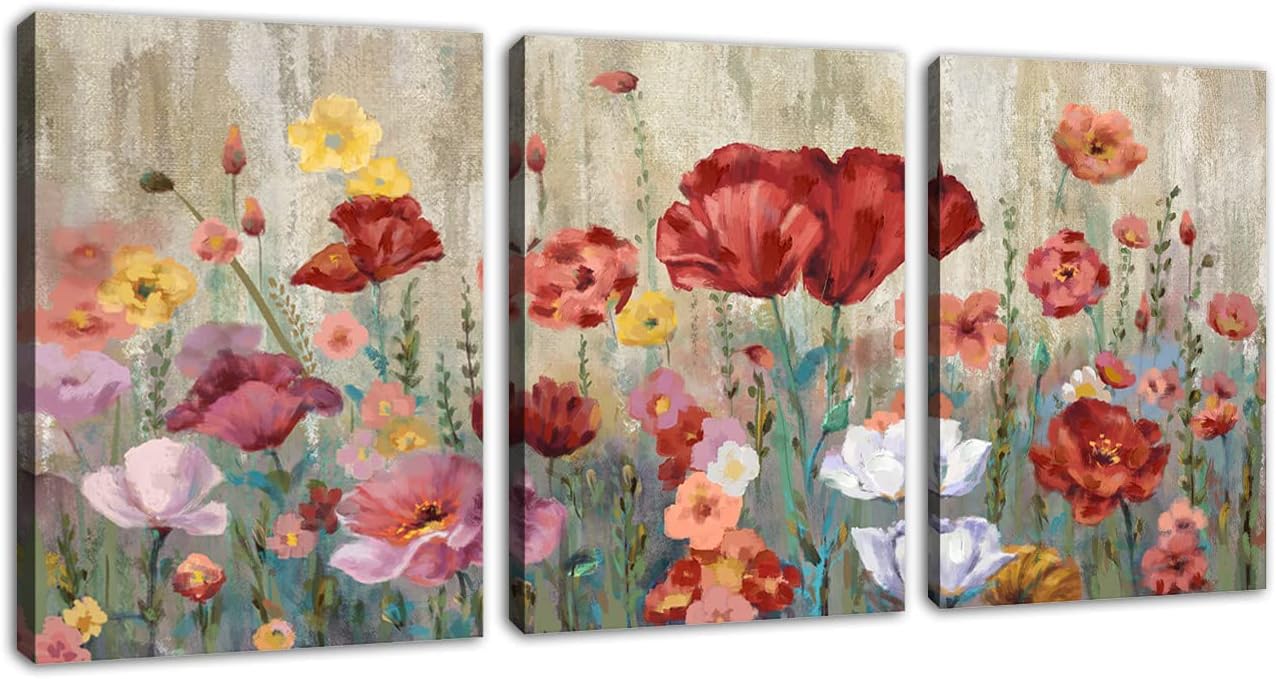 tigeridge Flowers Canvas Wall Art Elegant Floral Pictures for Wall Decor Red Yellow Pink Blossom Canvas Painting Art Print for Room Decorations 16x24in x 3Pieces 16" X 24" X 3Pieces Red Elegant Flowers