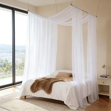 2 Panel White Green Canopy Bed Curtains for Twin/Full/Queen/King Bed, 30"X236" Soft Breathable Voile Drapes - Flowy DIY Bedroom Decor for Standard Canopy Bed Frames