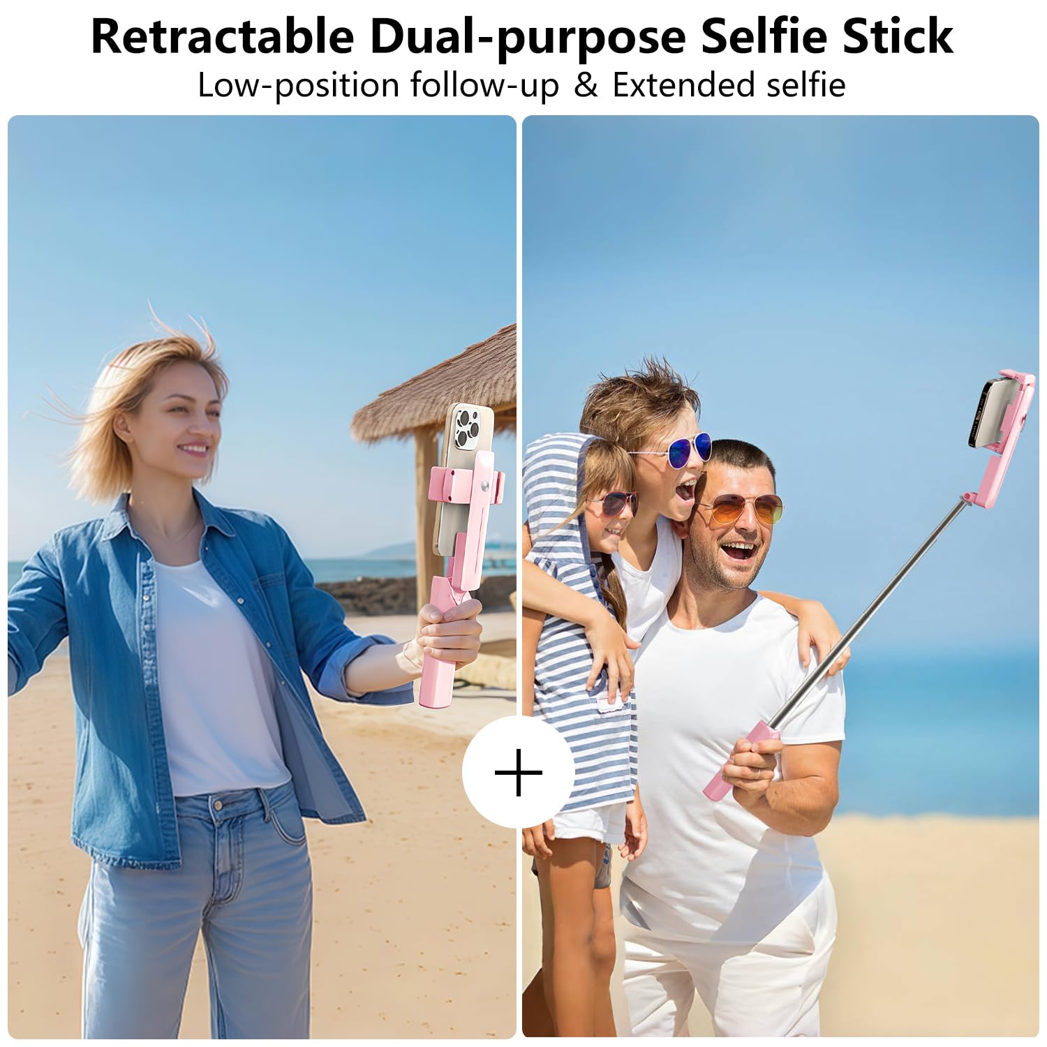 yAyusi Mini Selfie Stick Estensibile, Selfie Stick Portatile Tascabile con Telecomando, Supporto per Cellulare Compatto per Vlog/Registrazione Video/Streaming Live/Creazione di Contenuti (Rosa)