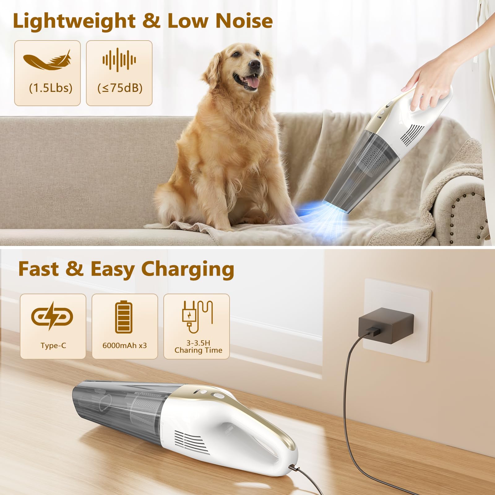 Aspirapolvere portatile senza fili 9500Pa con batteria 6000mAh e filtro HEPA lavabile, secco/umido per auto, peli animali e materassi, luce LED, autonomia fino a 30 min