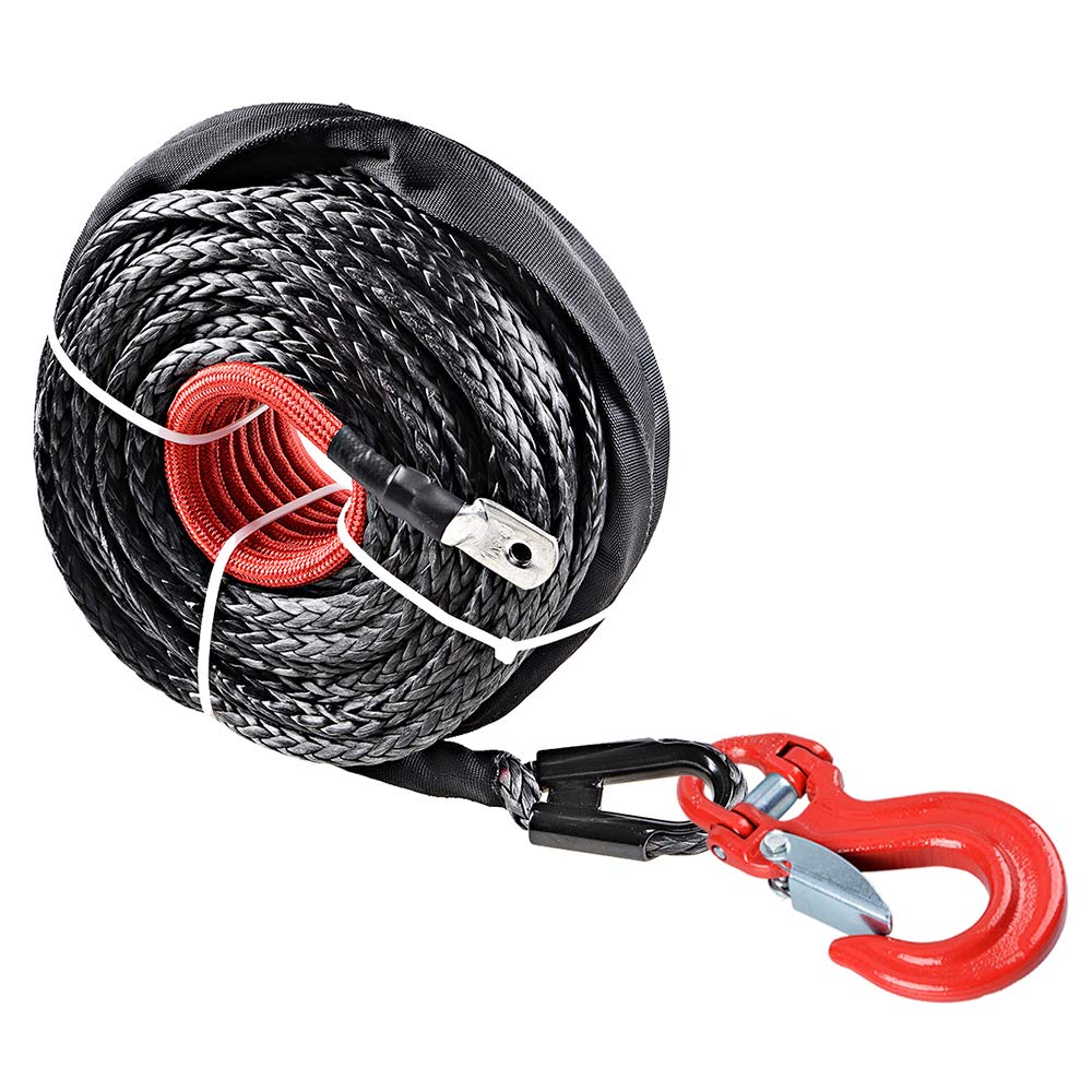 95 ft x 3/8 inch (Trong Synthetic Winch Rope Heat Guard Sleeve 20500LBs Sheath Thimble and Heavy Duty Forged Steel Grade 80 Safety Latch Clevis RED Hook