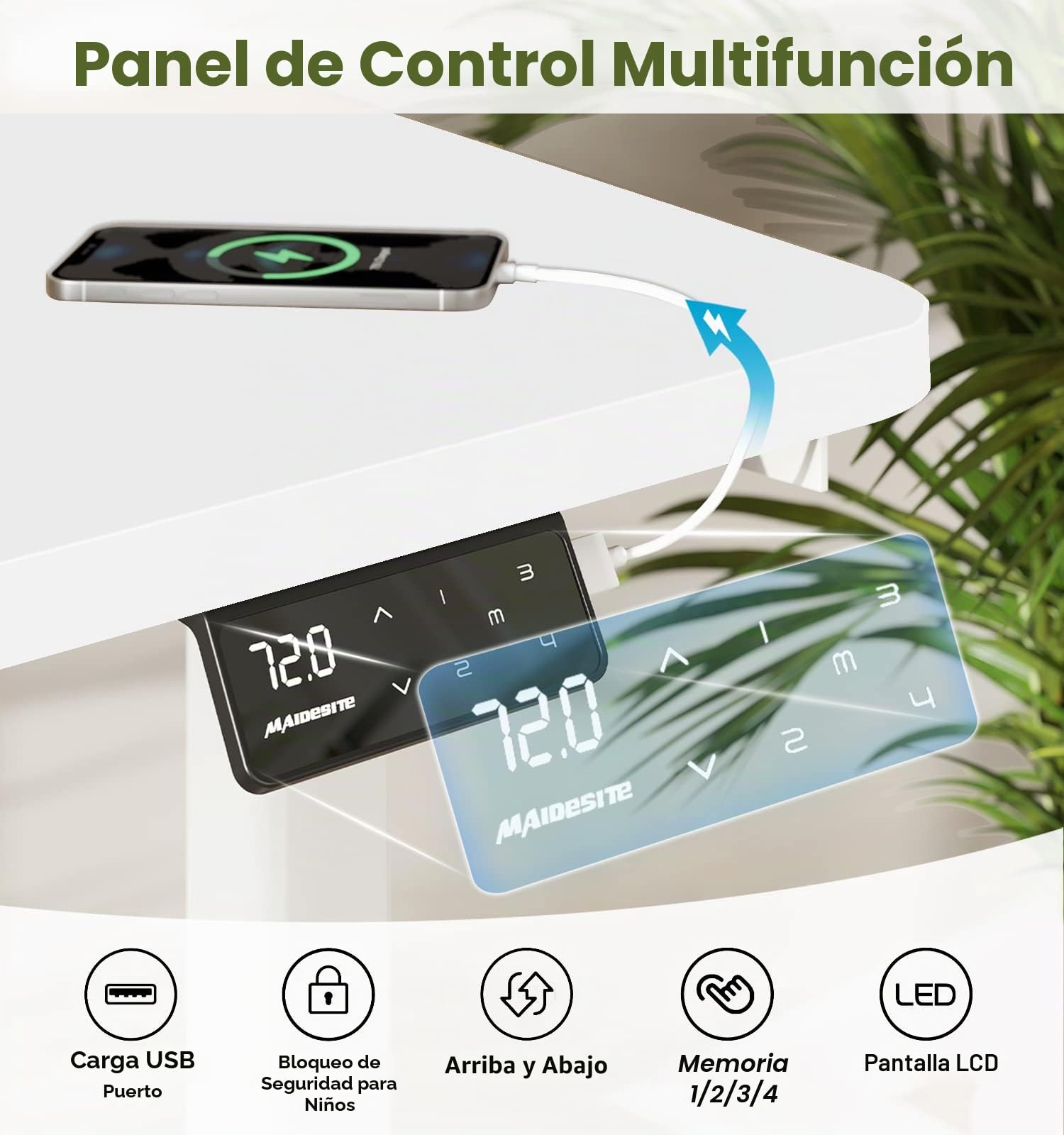MAIDeSITe Escritorio Regulable en Altura 140 x 70 cm - Mesa Escritorio Elevable Eléctrico con Control de Memoria de 4 LED - Sit & Stand Altura con Tablero (S1 Pro)