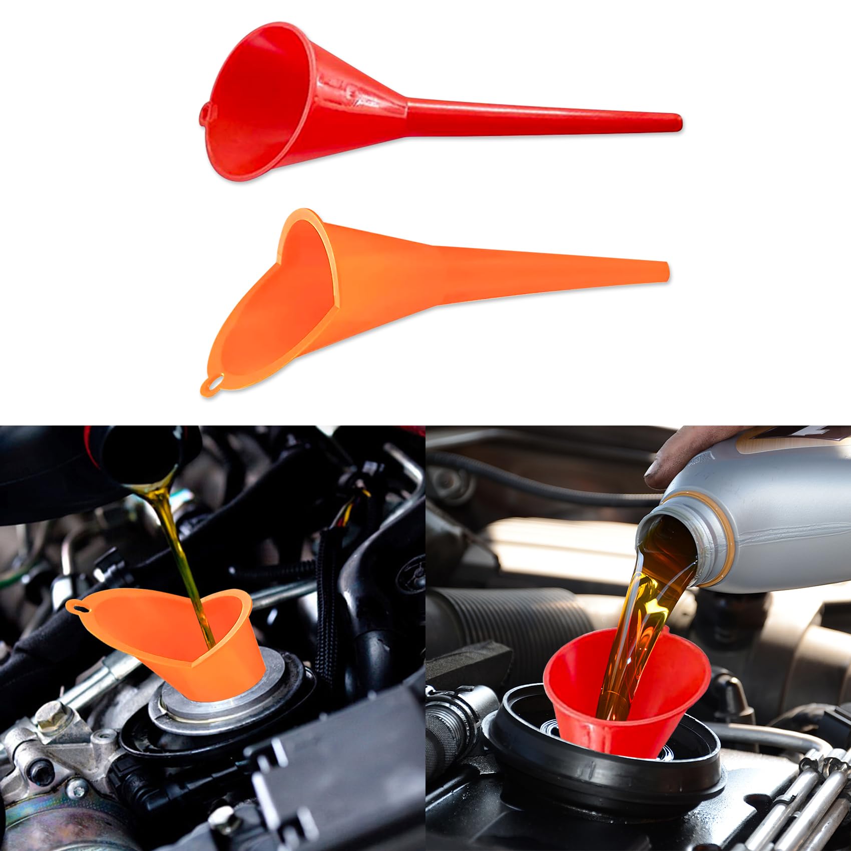 2 embudos de aceite de cuello largo, embudos para uso automotriz, embudo de aceite de cuello largo, embudo universal accesorios de automóvil para llenar aceites automotrices, aceites de motor,