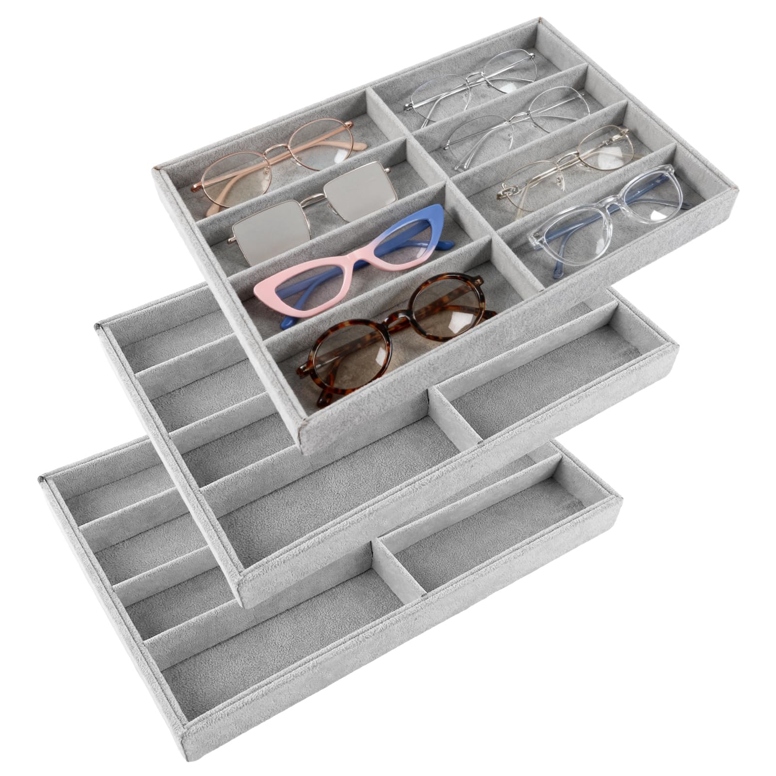 Rangement Lunettes Contre les Rayures : Lot de 3 Plateaux Organisateur en Velours Gris