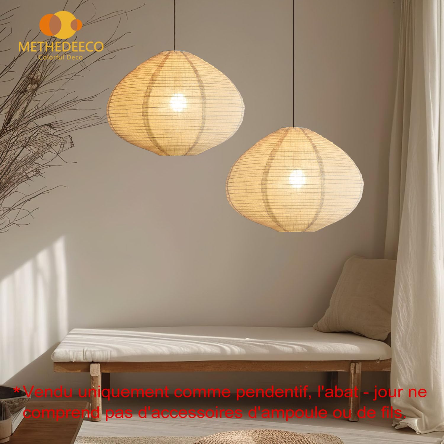METHEDEECO Lot de 2 Abat-Jours Suspendus en Lin 40 cm, Abat-Jour Tissu Blanc Beige pour Lampe Suspendue, Lumière Douce, Style Minimaliste Bohème pour Salon Chambre Salle à Manger