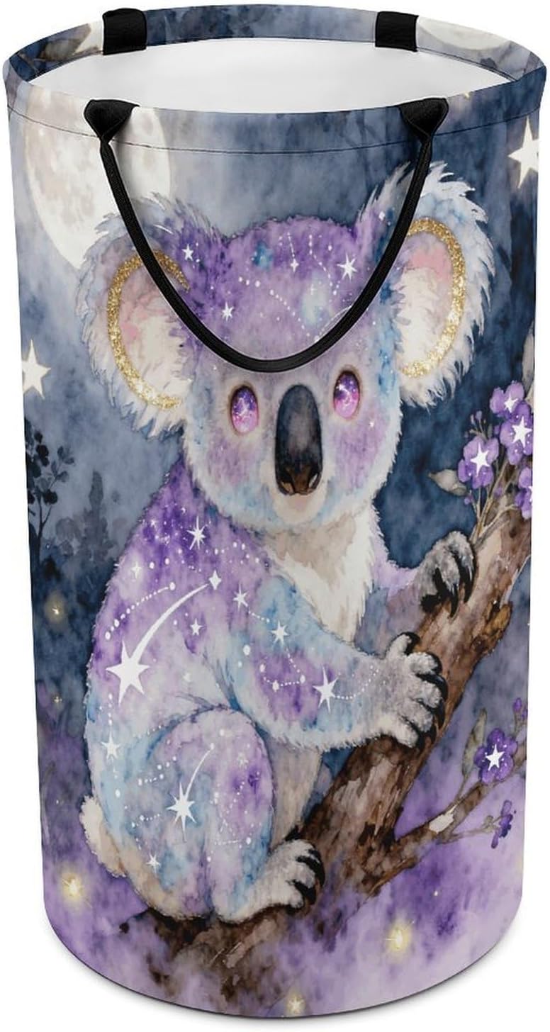 Galaxy Koala Laundry Hamper with Handles Waterproof Collapsible Laundry Basket Large Lightweight Round Dirty Clothes Hamper for Home Dorm Bathroom Decor