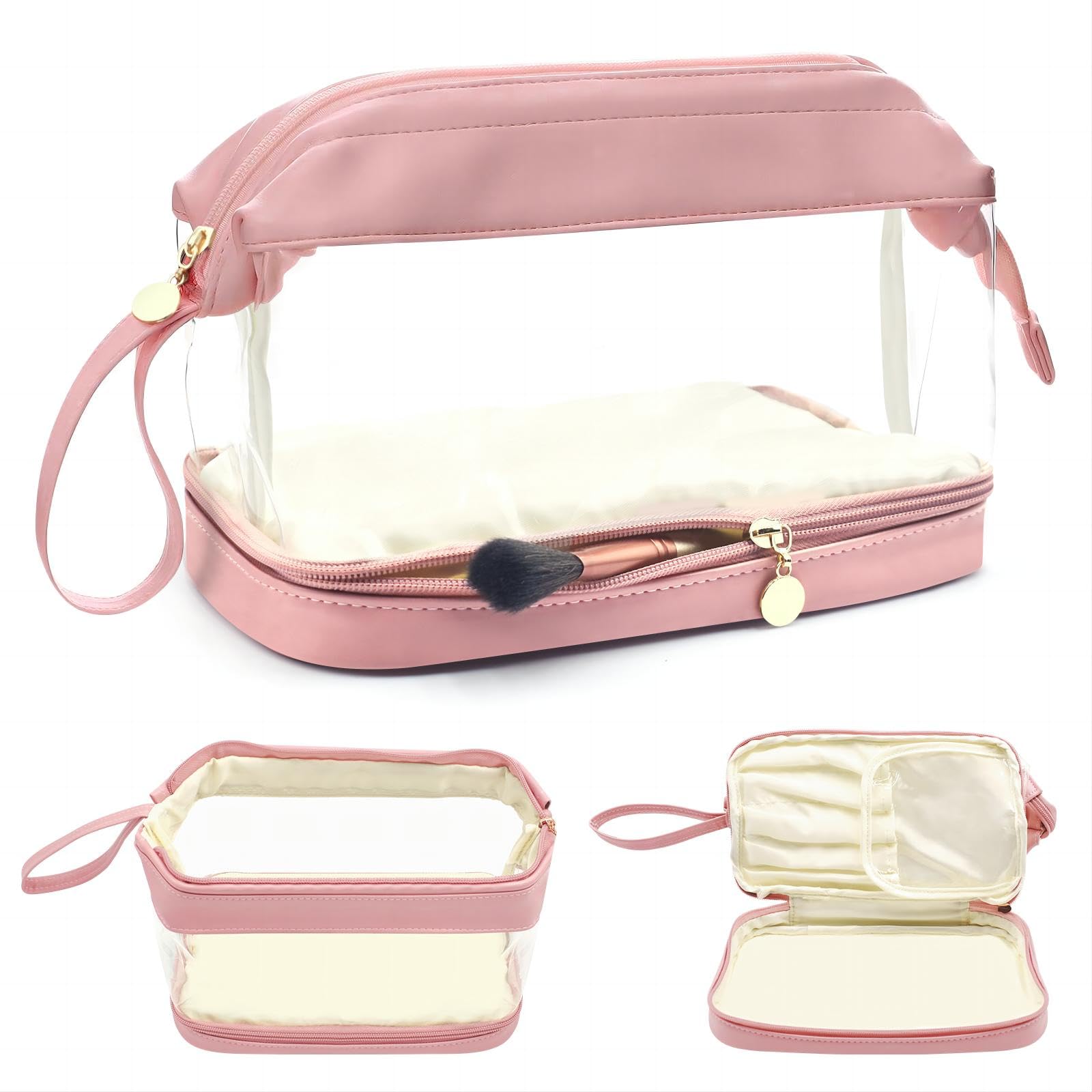 Ozmatip Bolsa Maquillaje, Neceser Transparente, Neceser viaj Mujer, Organizador Grande para Mujeres y niñas, Bolsa de Aseo Impermeable Gran Capacidad, para Hogar Vacaciones Viaje, Playa(Rosa)