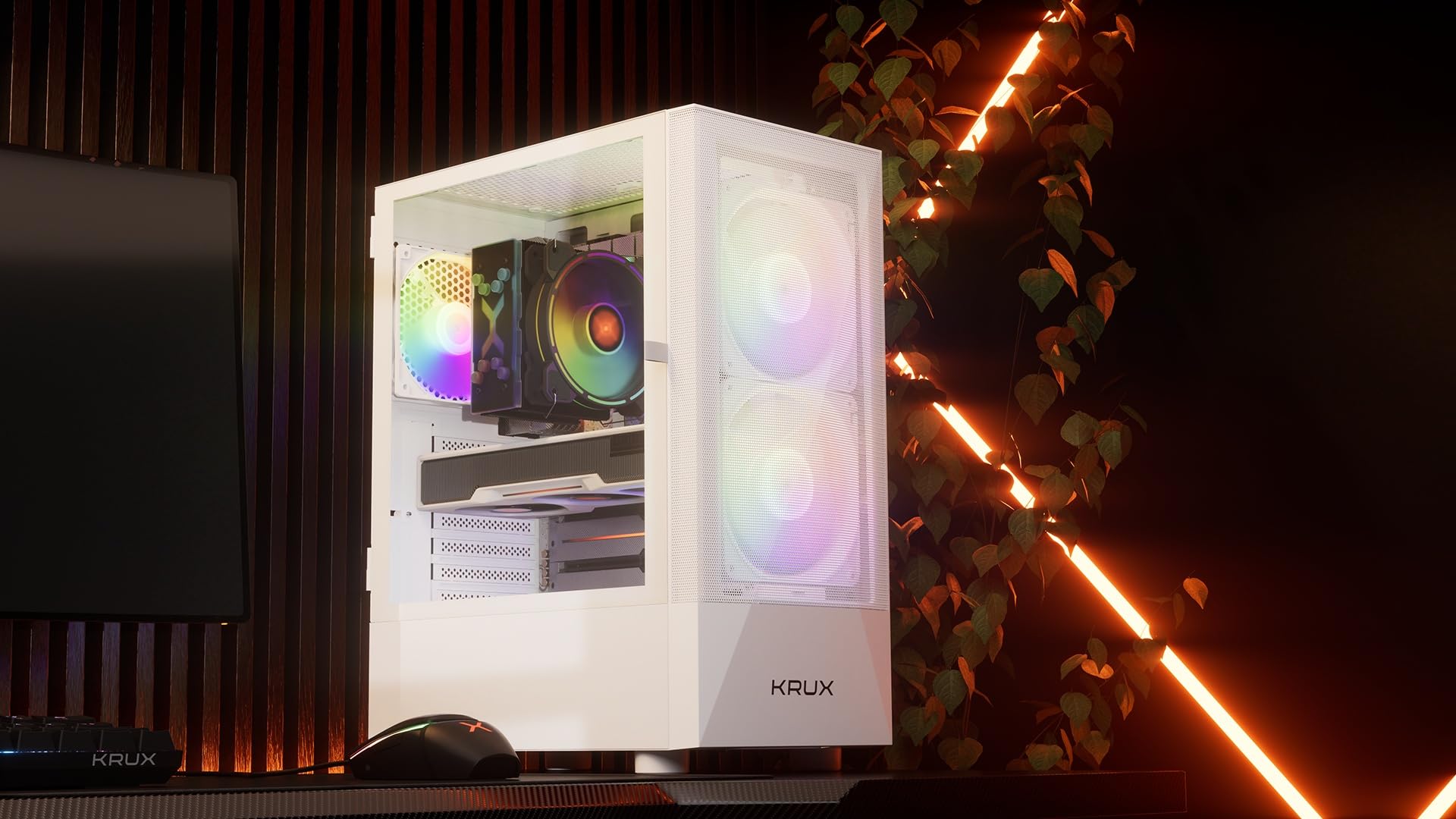 KRUX Vako White RGB,ATX MATX Gaming PC Carcasa Blanca, Ventilador de 2 x 140 mm, Interior Espacioso, Carcasa de PC ATX, Buen Flujo de Aire, hasta 310 mm GPU, PC Case Blanco, KRXD005