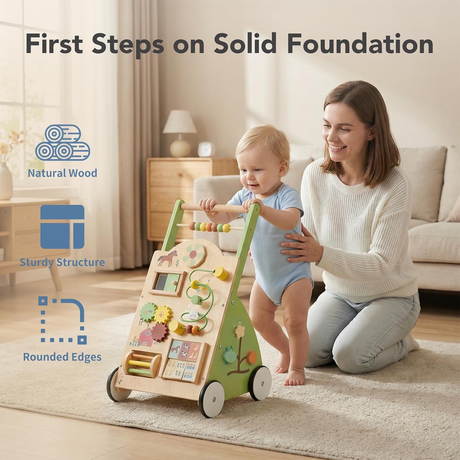 NEWBULIG Wooden Baby Walker for First Steps, Adjustable Speed Push Walker with Montessori Activity Center, Silent Wheels Baby Walking Toys