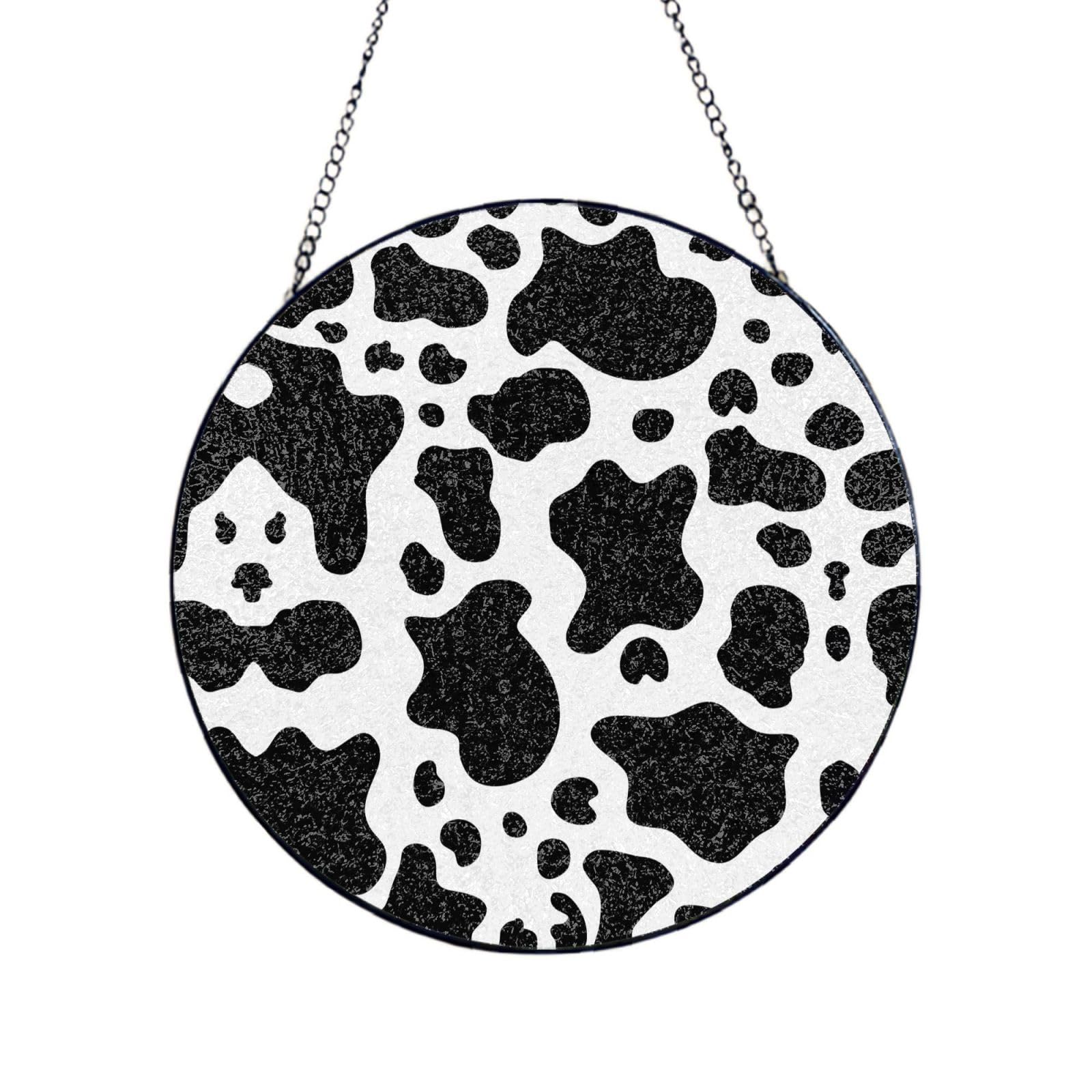 Phayah Black And White Cow Print Glass Window Hanging Sun Catchers Suncatcher Decor For Birthday For Home Garden Porch 12in（30cm）