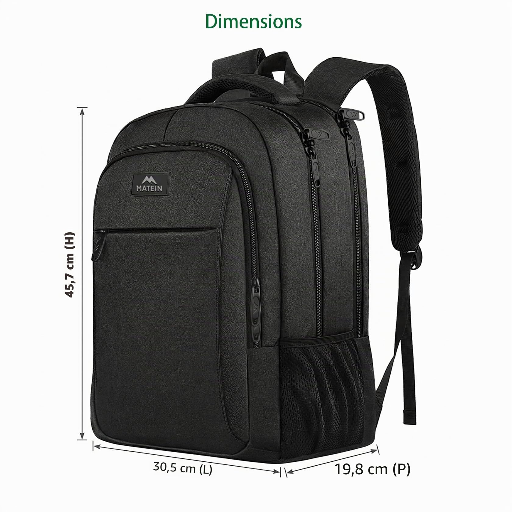 MATEIN Sac à Dos Ordinateur Portable 15.6 Pouces, Imperméable Antivol pour Travail Collège, Noir
