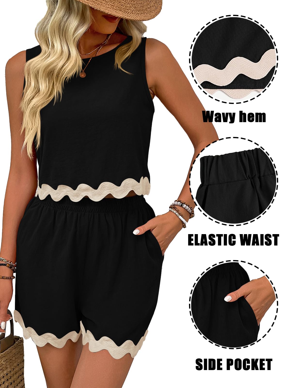 Rayson Ensemble Femme 2 Pièces Ete Casual Crop Top Sans Manches et Short Avec Poches Tenue Décontracté Bordure Ondulée