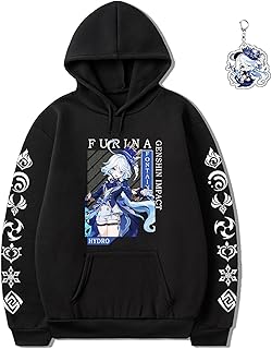 Anime Hoodie Sweatshirt Black Sweater Men Women Girls Unisex Hu Tao Xiao Keqing, Free Keychain (Black-Furina,L,Large)