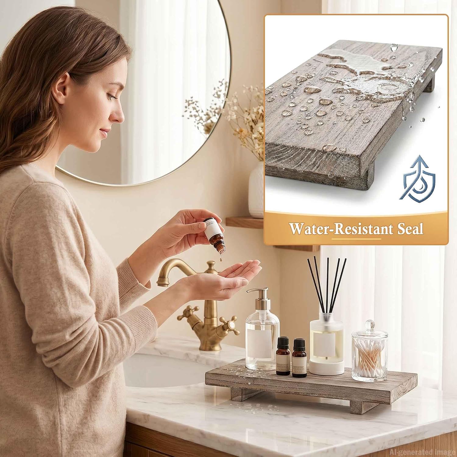Large 16" Wood Tray Riser - Grey Handcrafted Pedestal Stand Waterproof | Solid Paulownia Wood Coffee Table Bathroom Kitchen Decor and Vanity Tray