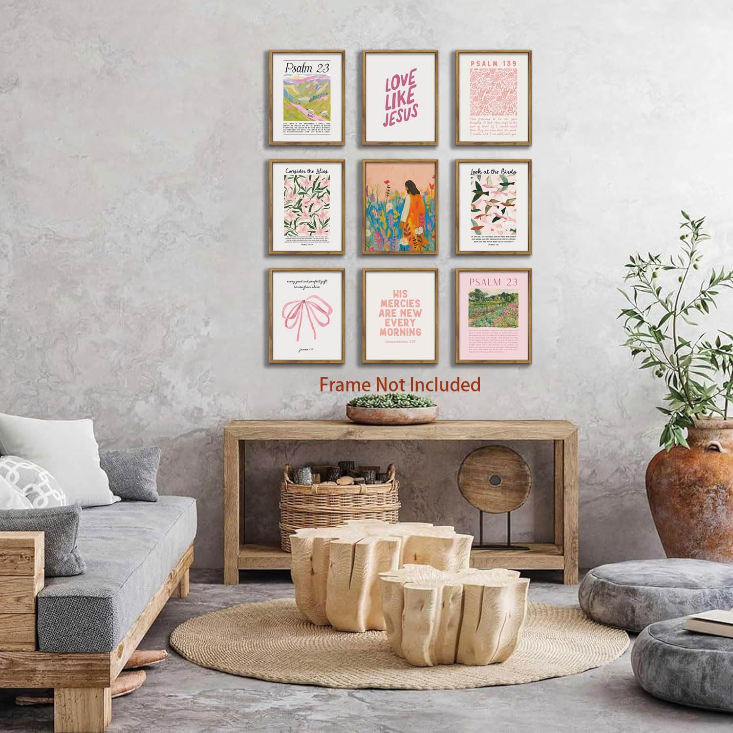 BingruiArt 9Pcs Christian Wall Art Pink Bible Verse Posters Jesus Canvas Retro Psalm 23 Scripture Vintage Christ Artwork Religious Poster Pictures Prints for Living Room Bedroom 12x16in Unframed