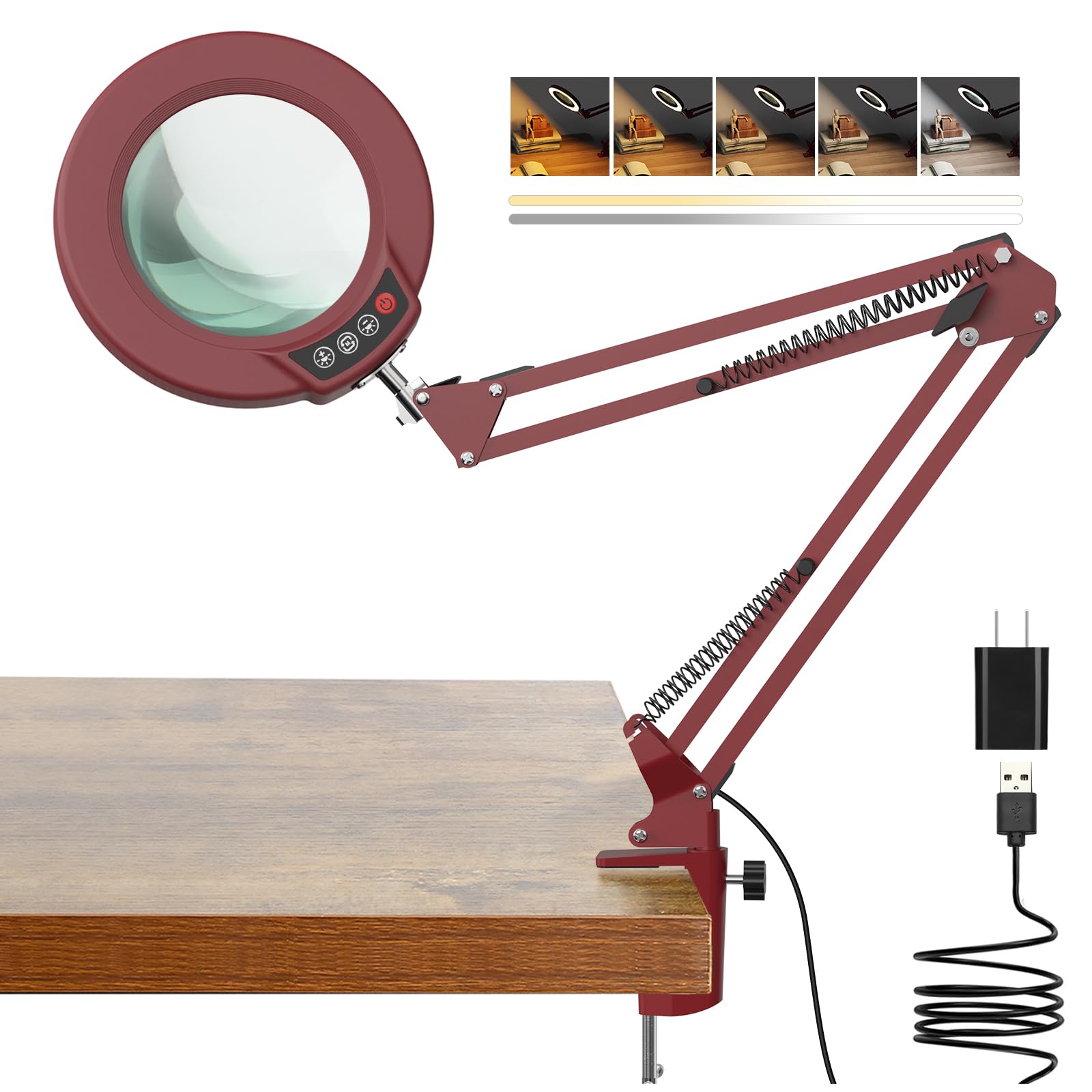 Lupa de 10 aumentos con luz y abrazadera, soporte de cristal real, lupa iluminada, 5 modos de color, lámpara de escritorio LED regulable, manos libres, para manualidades, pasatiempos, lectura, pintura