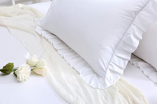 Miniatura 3 de Fundas de almohada con volantes, color blanco, tamaño Queen, 2 unidades, algodón egipcio de 20 x 30 pulgadas, suaves y gruesas
