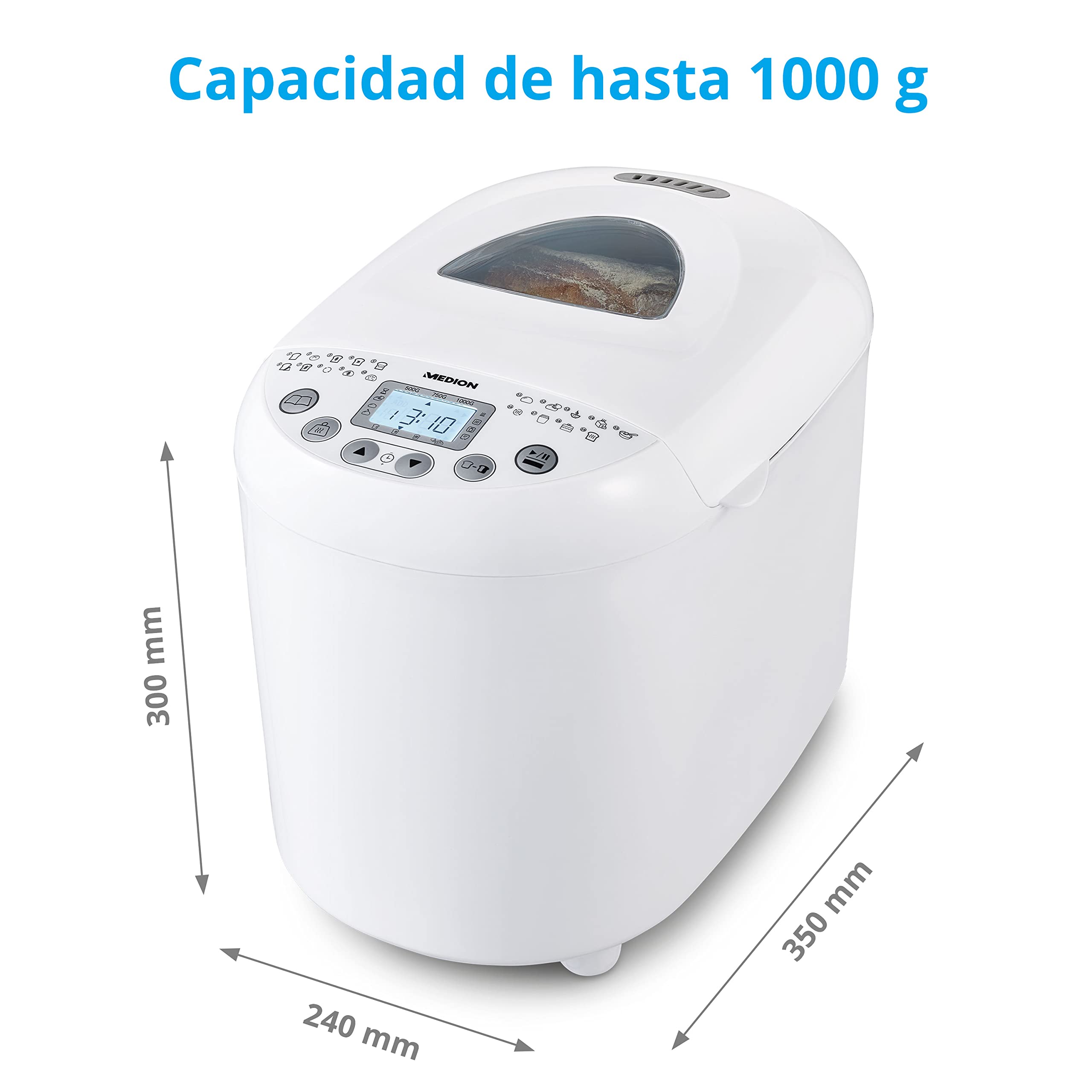 MEDION Amasadora de pan (MD11011) 550W, robot de cocina para preparar pan con capacidad para 1 kg, robot con 19 programas, 3 niveles de tostado y conservación del calor
