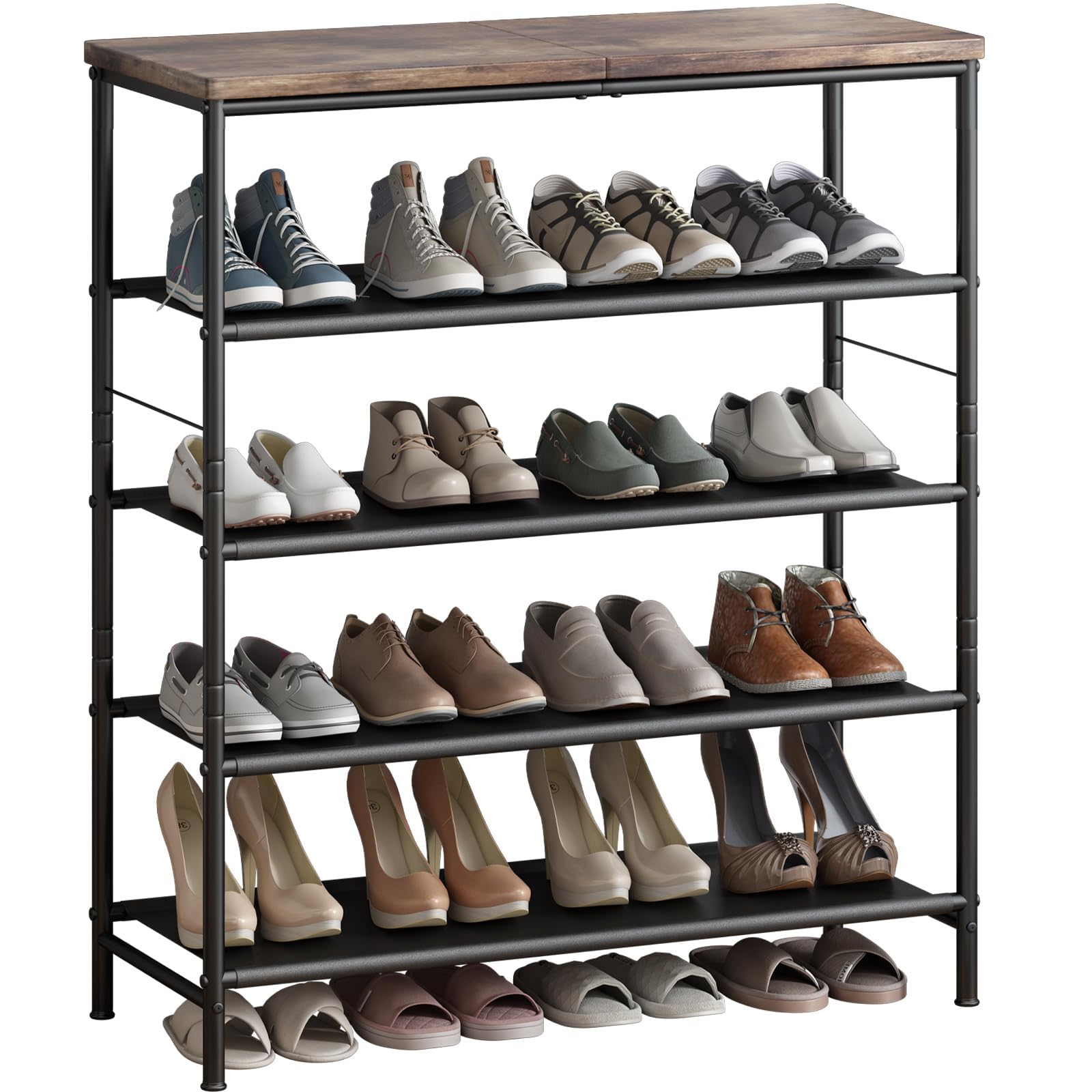 INGIORDAR Shoe Rack Organizer 5 Tier Metal Organizer Shelf with Industrial MDF Board and Layer Fabric for Entryway Closet Bedroom Living Room Garage,Black &amp; Rustic Brown (Black+Rustic Brown, 5 Tier)