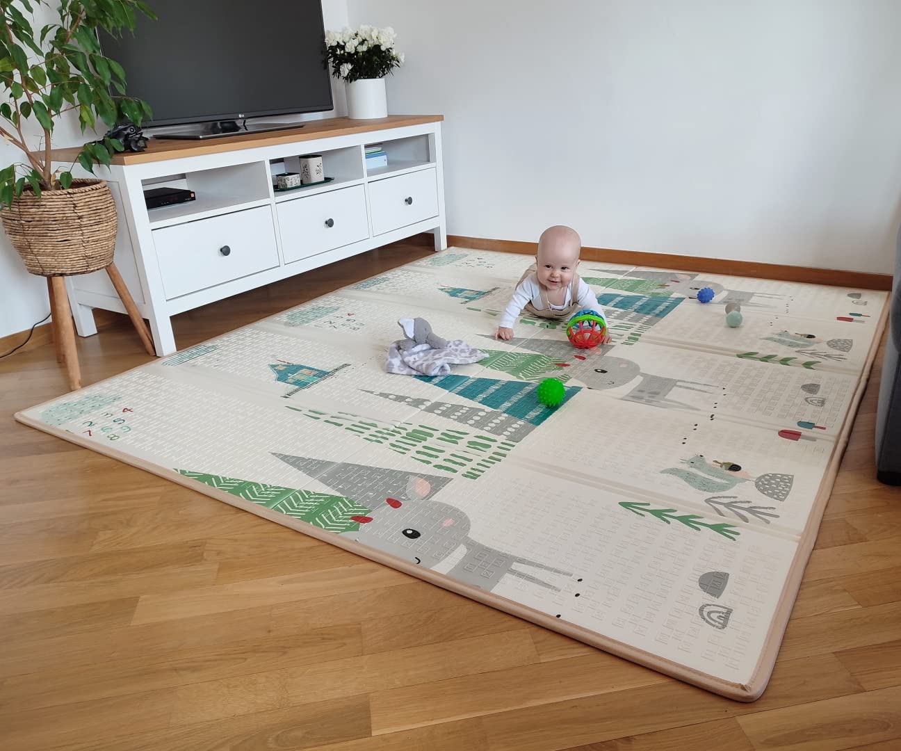 Milly Mally PLAY Schaumstoffmatte, Krabbeldecke, klappbar, Spielmatte für Kinder, doppelseitig, 197 x 177 x 1 cm, XPE-Material, wasserfest, ungiftig, antiallergisch, rutschfest Deer T1