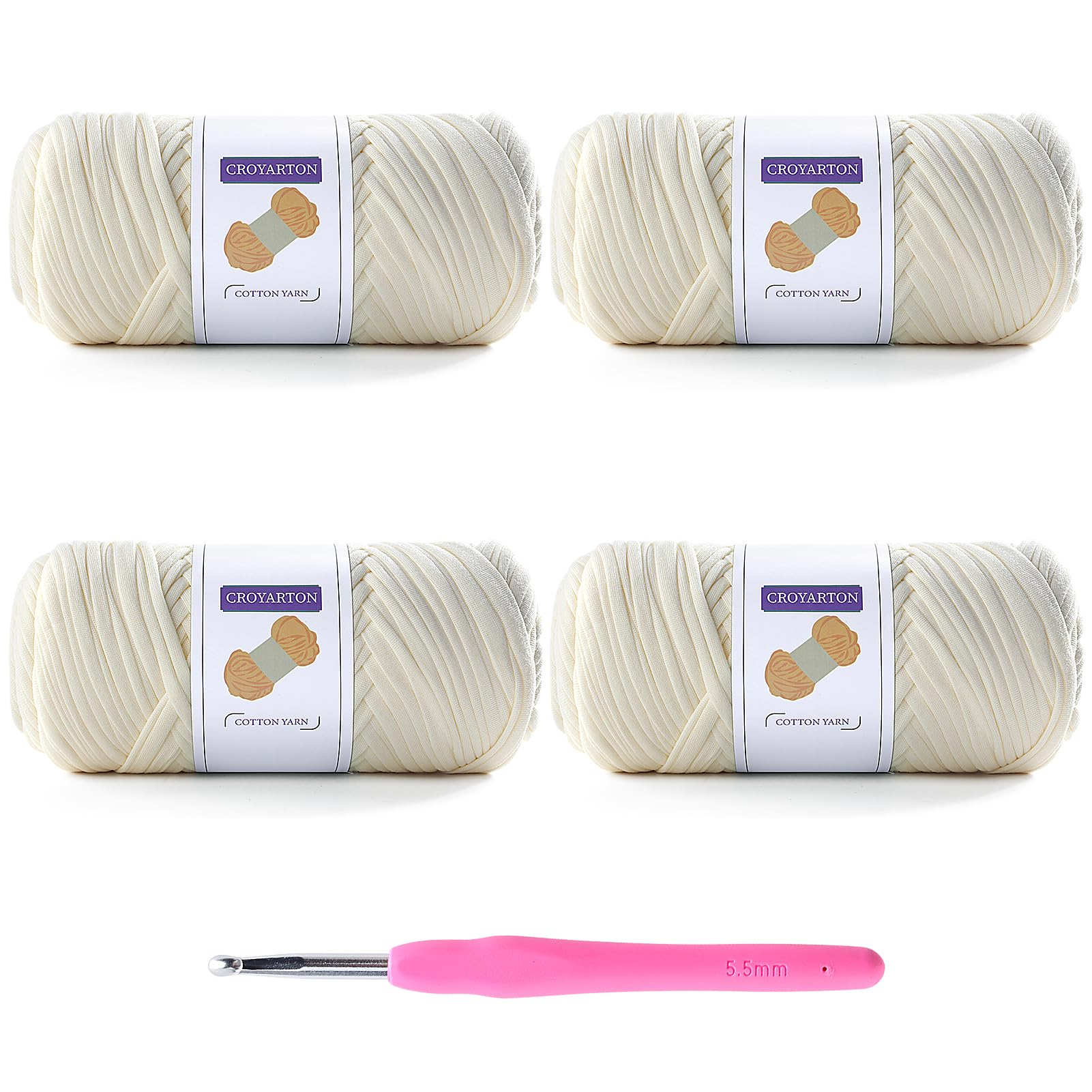 4 Pack Tshirt Yarn for Crocheting, Elastic T Shirt Spaghetti Thick Knitting Yarn Total Length 260 Yds for Crochet Bag Baskets Home Decor with 1 Crochet Hook (4-Cream)