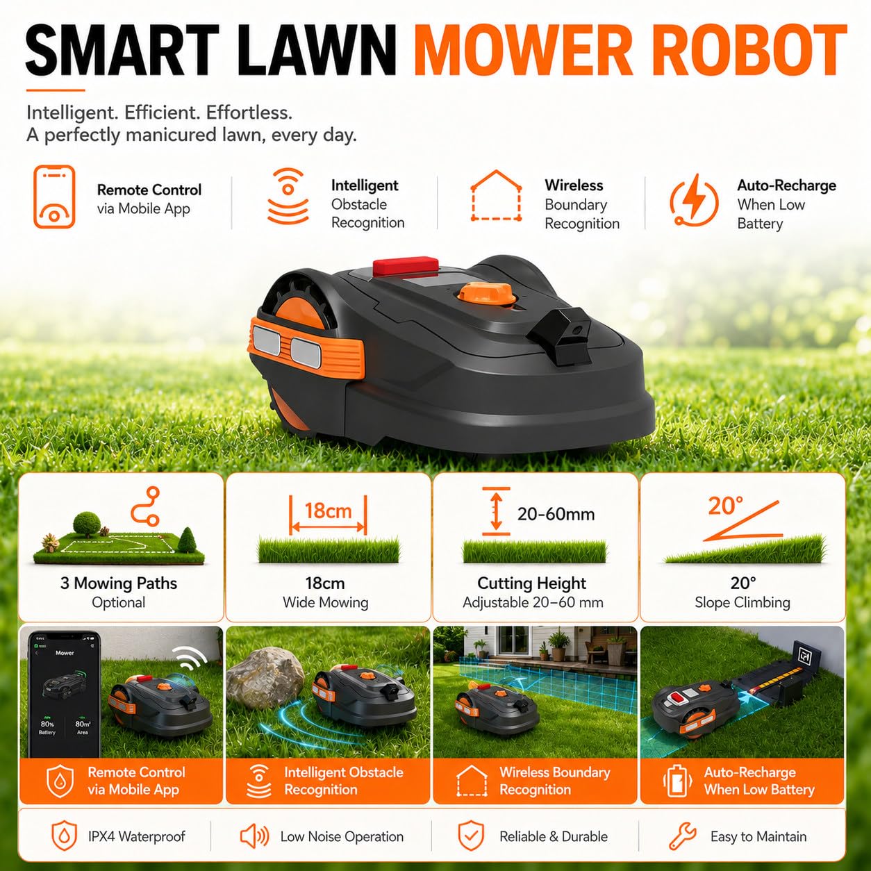Robot Cortacésped Sin Cables Perimetrales, área De Corte 300 M² | Detección De Obstáculos Por Visión Ia, Mapeo Automático Y Control Por App, Altura De Corte De 20 a 60 Mm