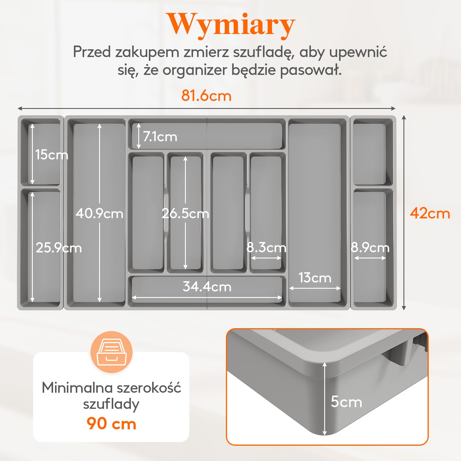 Lifewit Pojemnik na sztućce, wkład na sztućce 816 x 420 mm, do szuflady 90, zdejmowany uchwyt na przybory kuchenne, uchwyt na sztućce z tworzywa sztucznego, wkład do szuflad, organizer kuchenny na