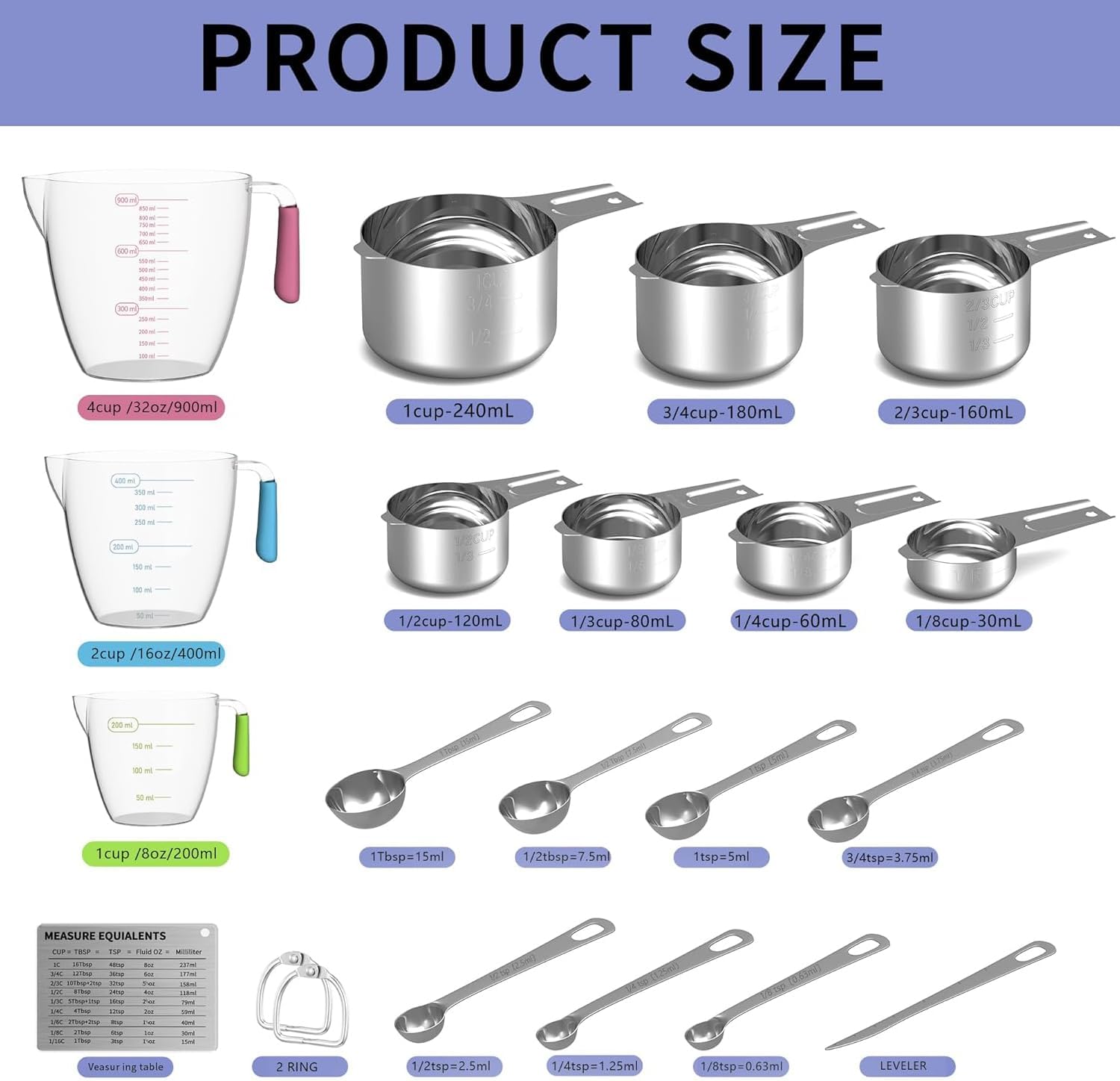 Stainless Steel Measuring Cups and Spoons Set, 6 Stainless Steel Measuring Cups, 7 Measuring Spoons & 1 Leveler, 3 Plastic Measuring Cup with 1 Measuring Conversion Chart