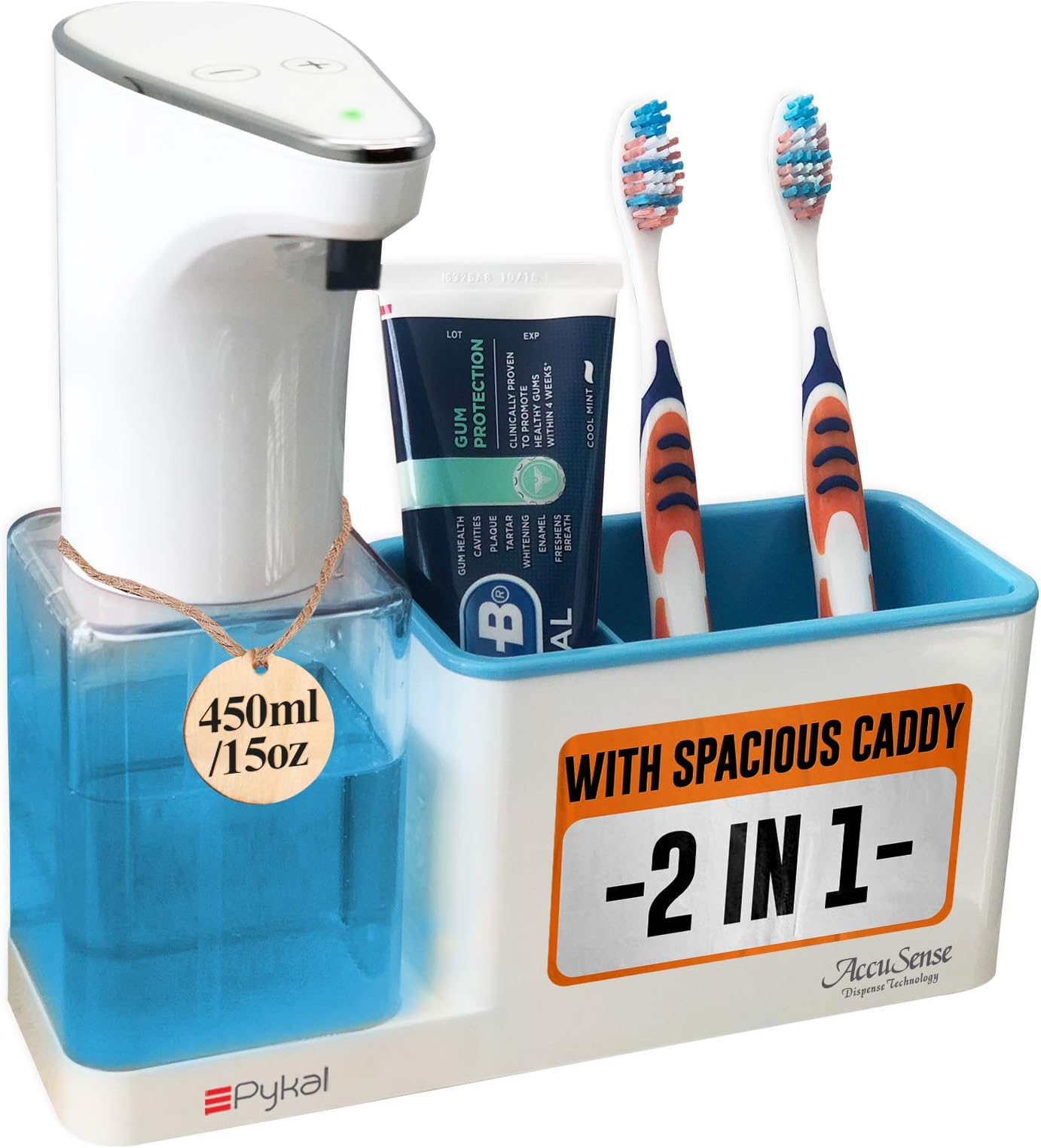 Pykal Touchless Automatic Soap Dispenser with Storage-Caddy 15oz, Hands Free Soap Dispenser for Bathroom or Kitchen - 1 YR Warranty