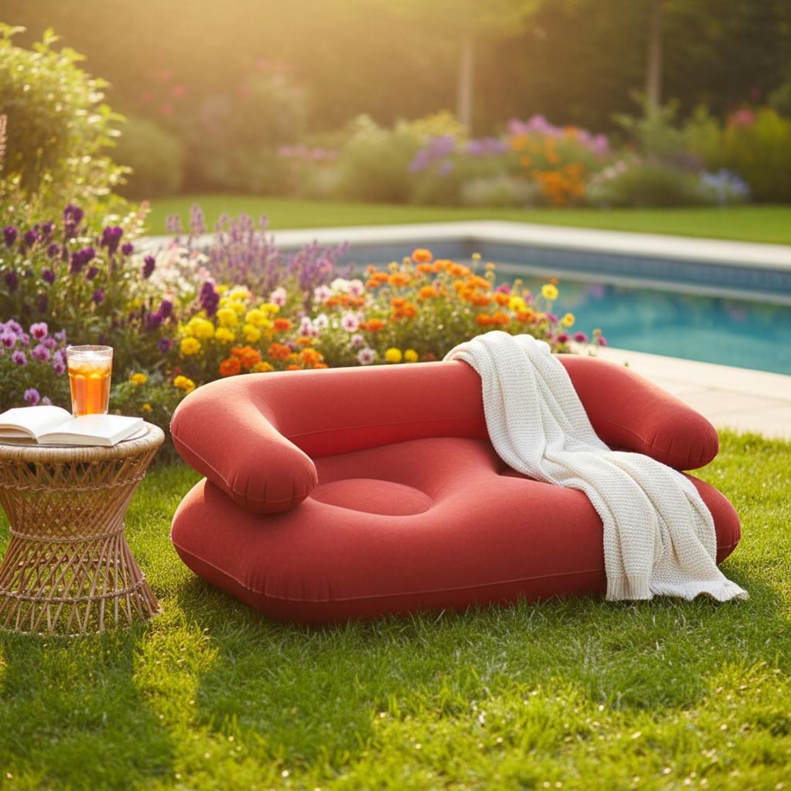 Aufblasbares Sofa Aufblasbare Couch Luftsofa Loungesessel Rückenlehne Und Armstützen aus PVC mit Sanfter Beflockung für Rasches Aufpumpen Und, Rot, Doppelte OPP-Tasche
