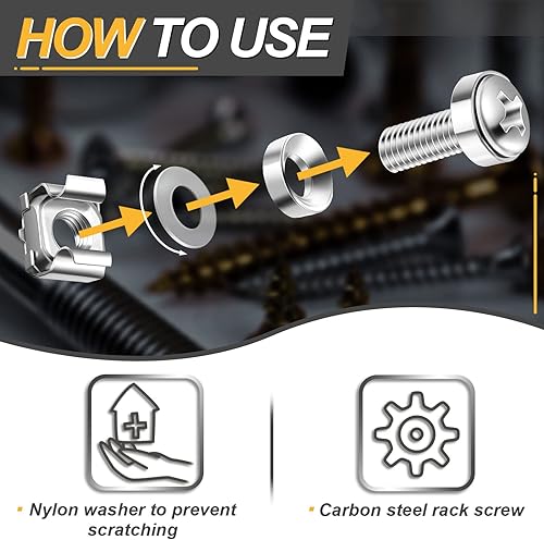 Vista 4 de 50 juegos de tuercas de jaula de montaje en rack M6 x 0.787 in, tornillos y arandelas para montaje en rack gabinete de servidor, tornillos
