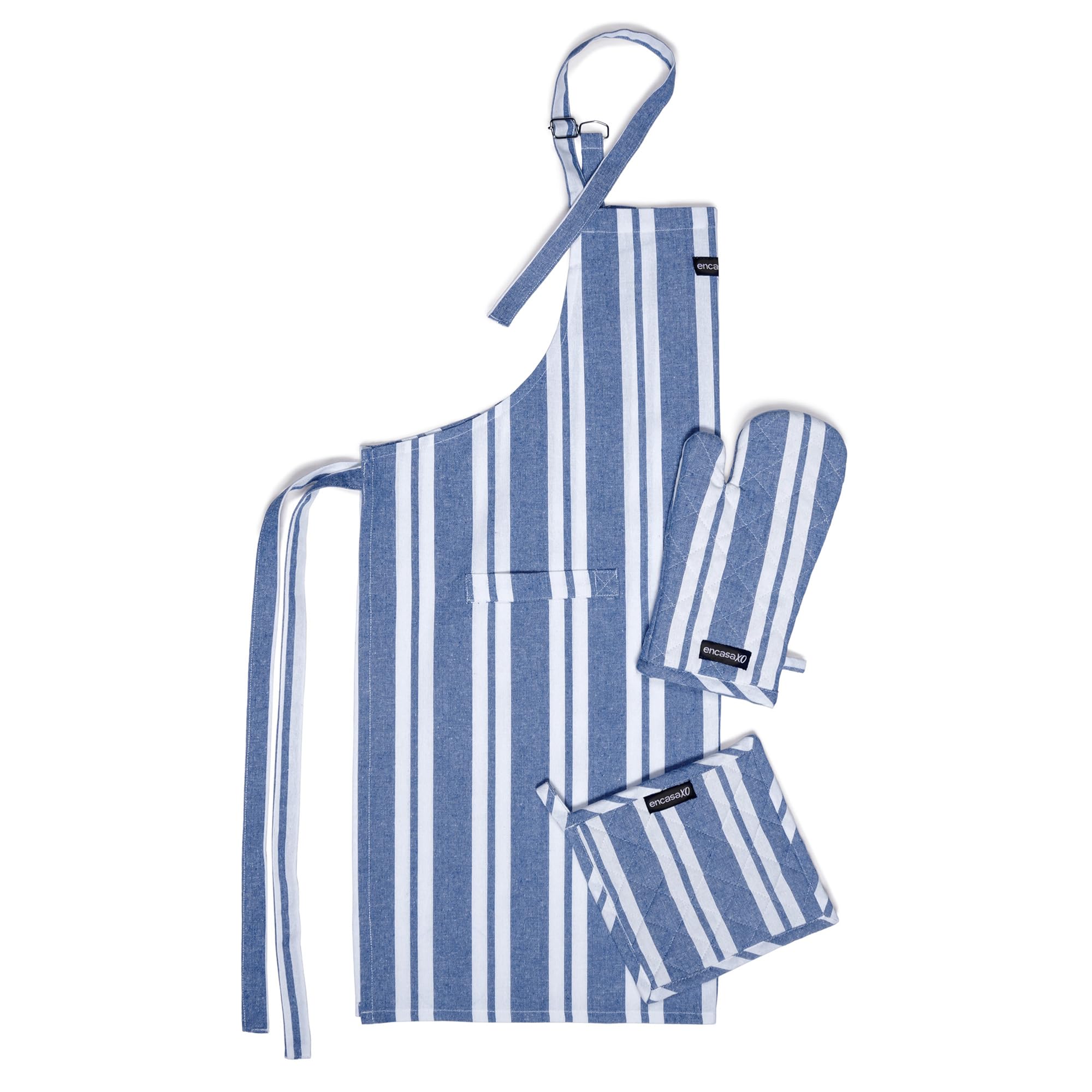 Encasa XO Kitchen Apron with Oven Gloves & Potholder - Combo Set - 100% Cotton, Heat Resistant - Franca Blue Stripes, 68x85 cm, (Pack of 3)
