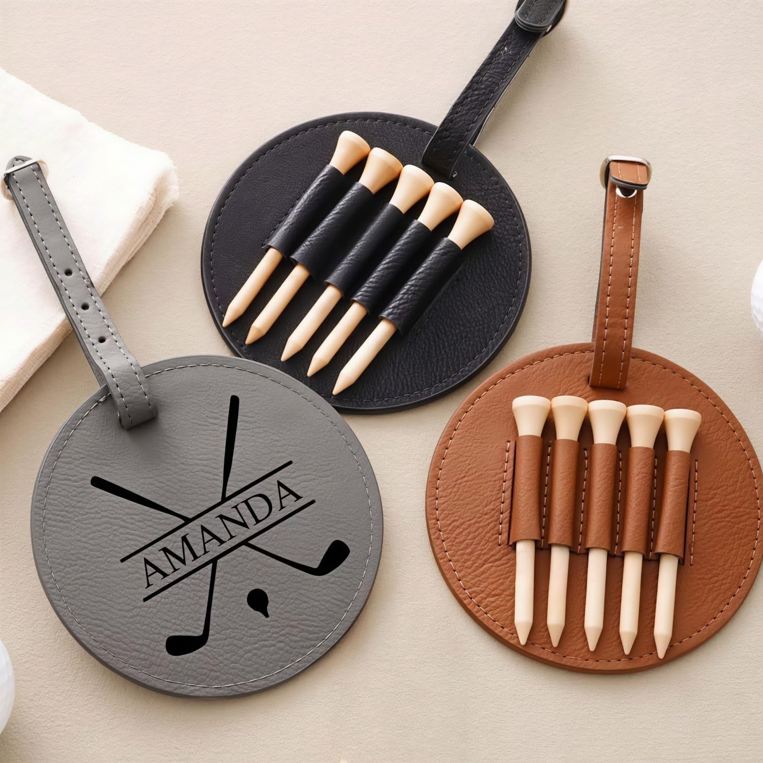 Etichetta per Sacca da Golf in Pelle Personalizzata E Supporto per Tee, Custodia con Nome Inciso Personalizzato - Organizer Compatto per Accessori da Golf per Uomo E Donna