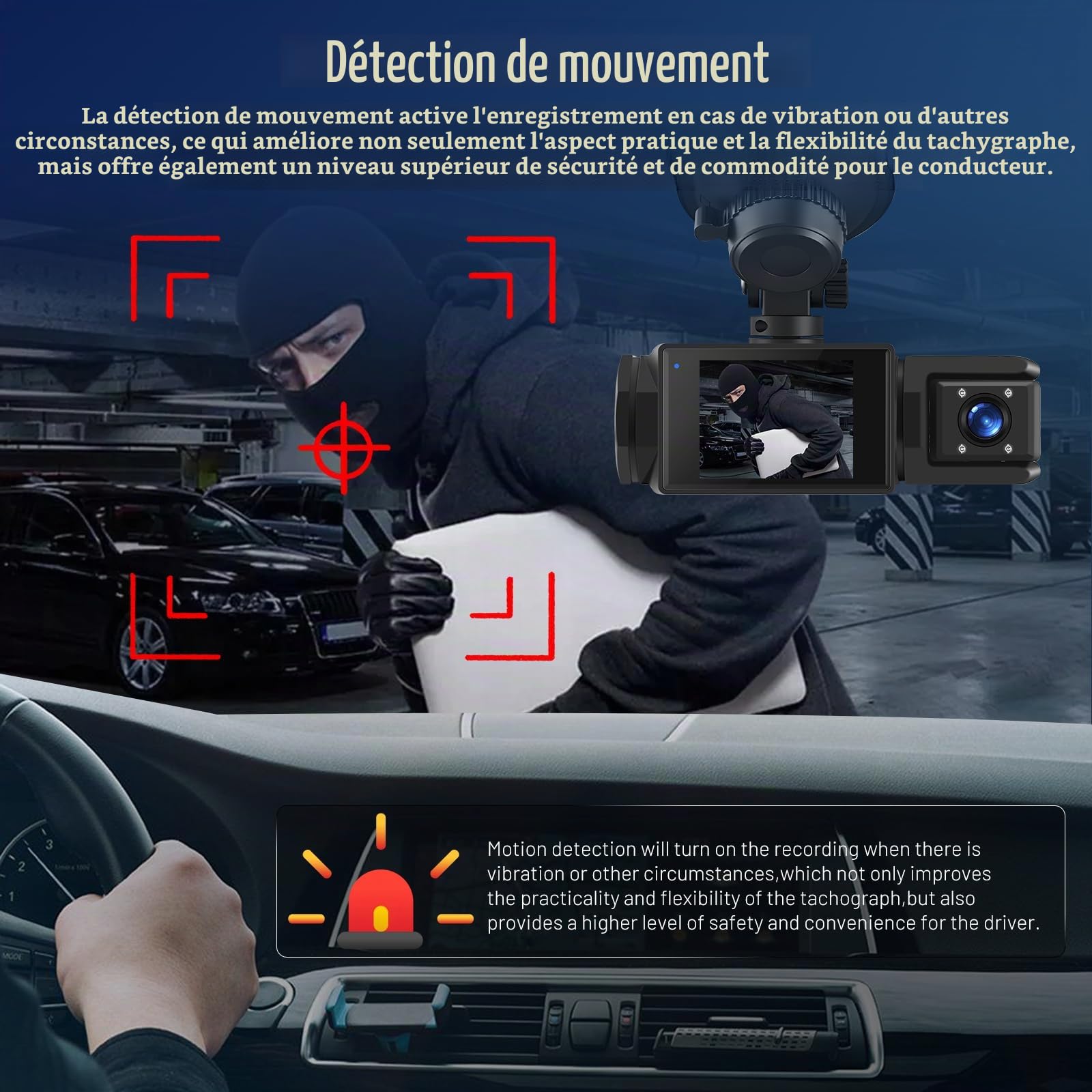 1080P WiFi Dash Cam, 3 Channel Dash Cam Front and Rear Inside, Caméra de Bord Full HD 2.0 inch IPS pour Voitures avec Enregistrement en Boucle, Vision Nocturne, Détection de Mouvement