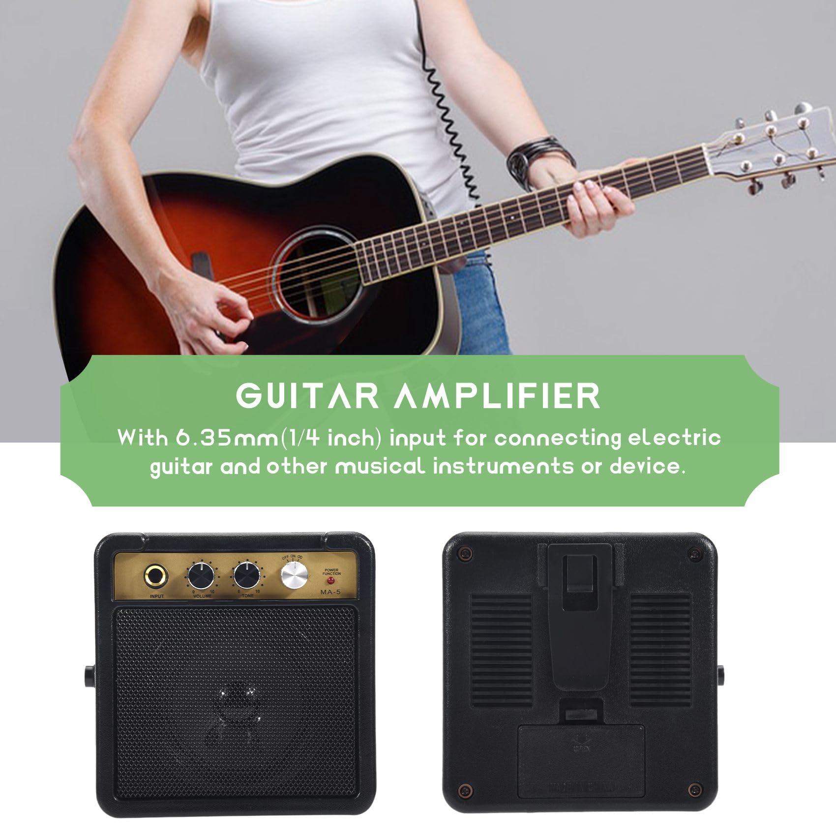 Kqcibz Mini Guitar Amplifier Amp Speaker 5W with 6.35mm Input 1/4 Inch Headphone Output Supports Volume Tone Adjustment