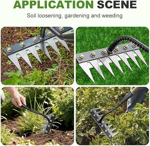 Miniatura 6 de Rastrillo de deshierbe de hierro 2.0 2025, rastrillo de acero al carbono de 5678 dientes, rastrillo de hierro para patio, césped y jardín,