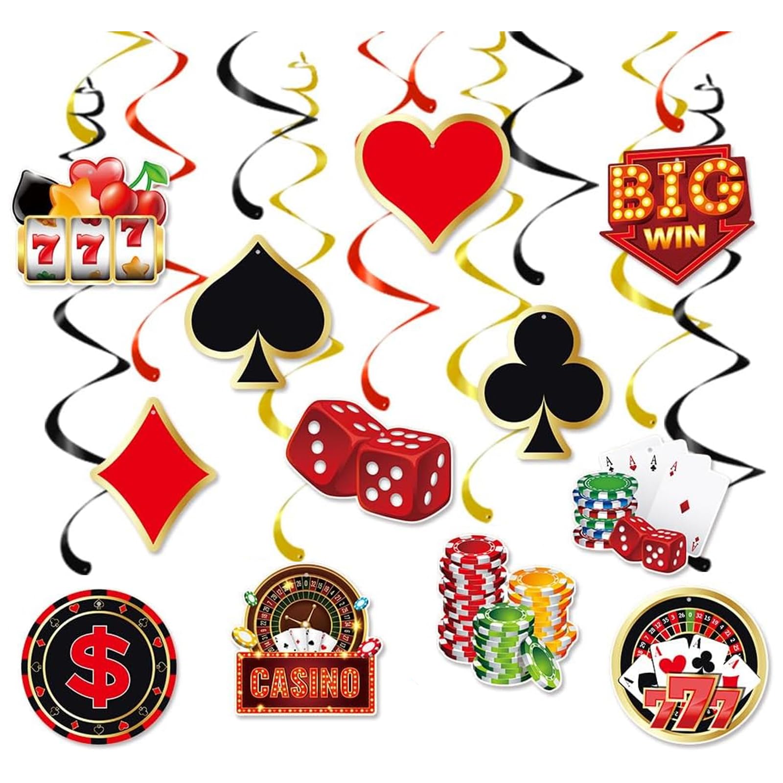 12Pcs Casino Theme Hanging Swirl Decorations, Poker Dice Ceiling Spiral Ornaments, Las Vegas Night Casino Party Game Night Decorations